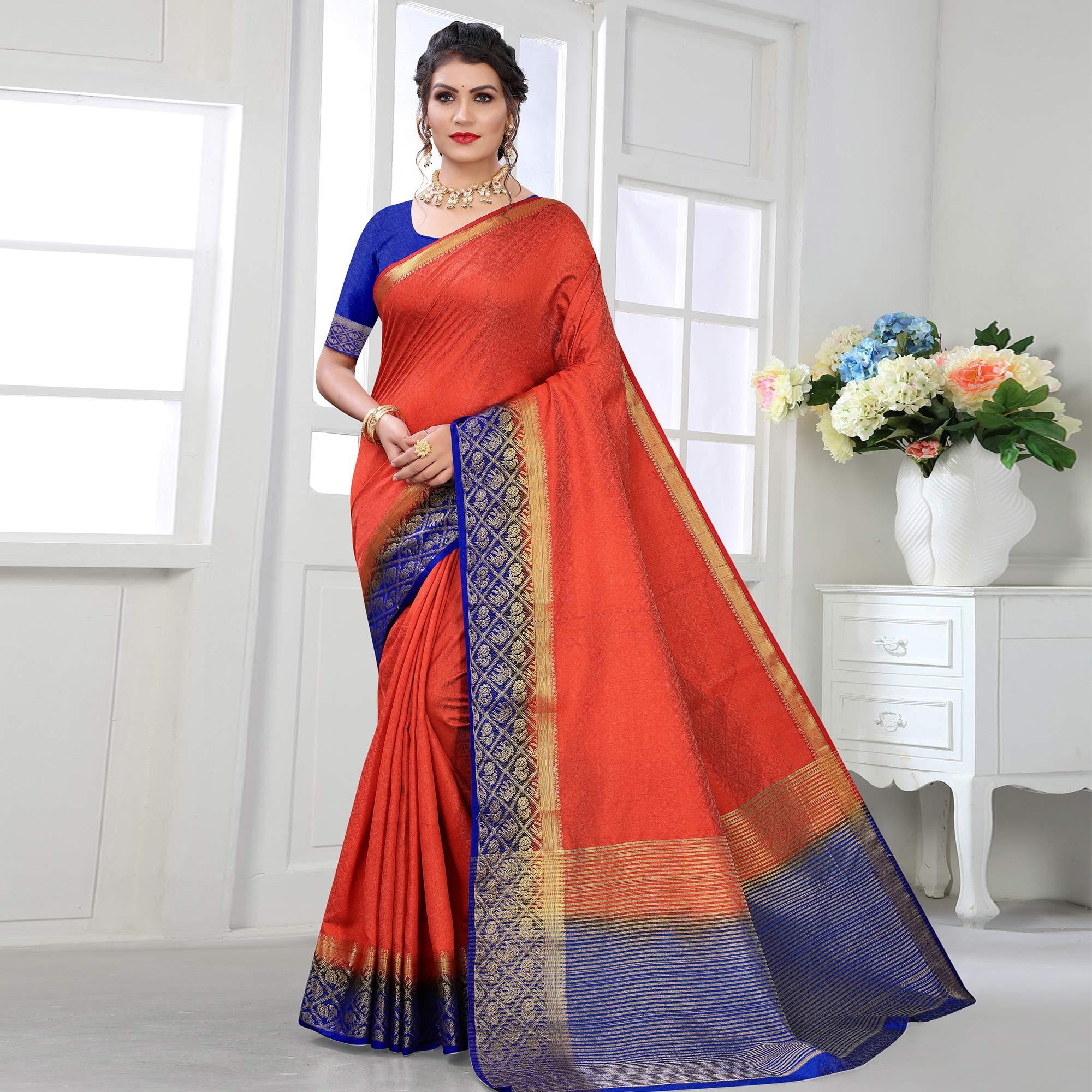 Orange Festive Wear Woven Kanjiwaram Art Silk Saree - Peachmode