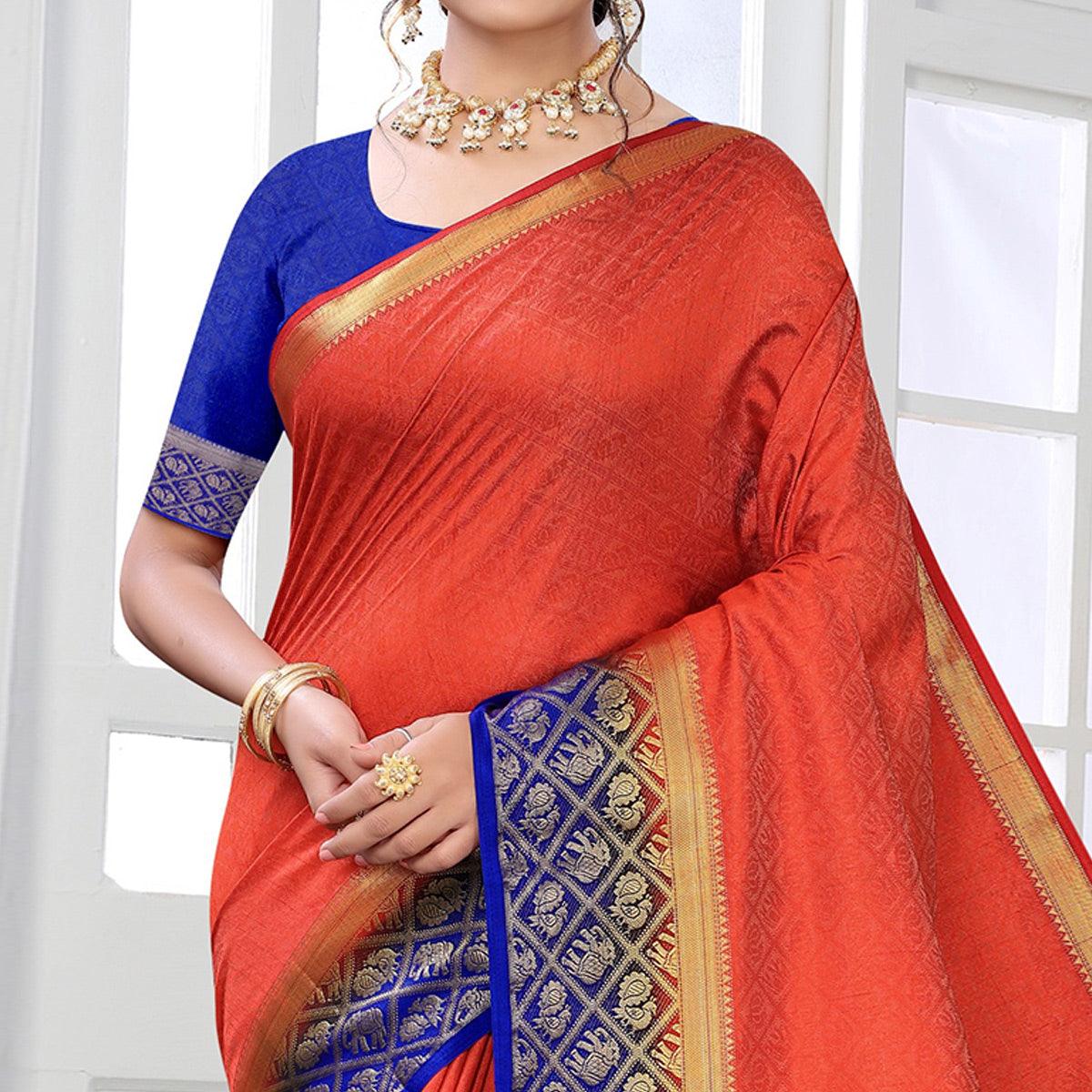 Orange Festive Wear Woven Kanjiwaram Art Silk Saree - Peachmode