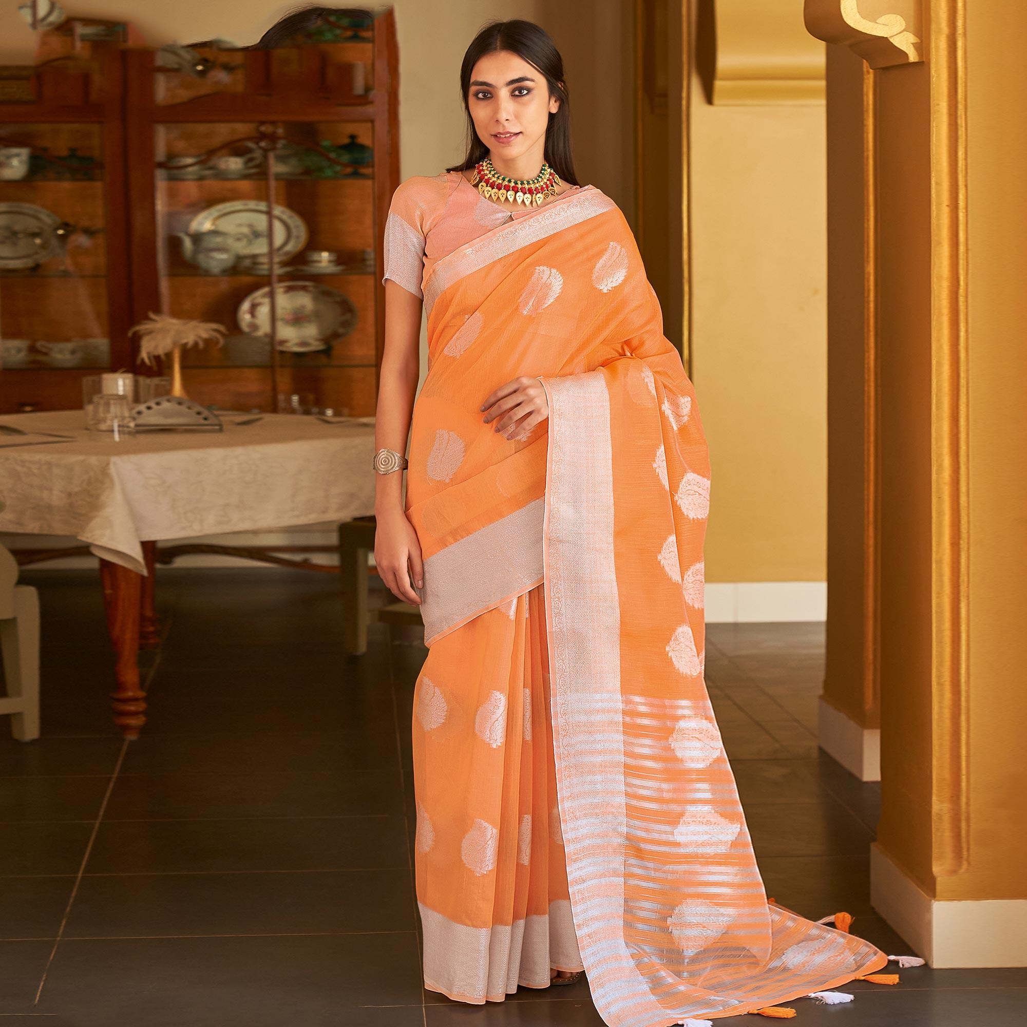 Orange Festive Wear Woven Linen Saree - Peachmode