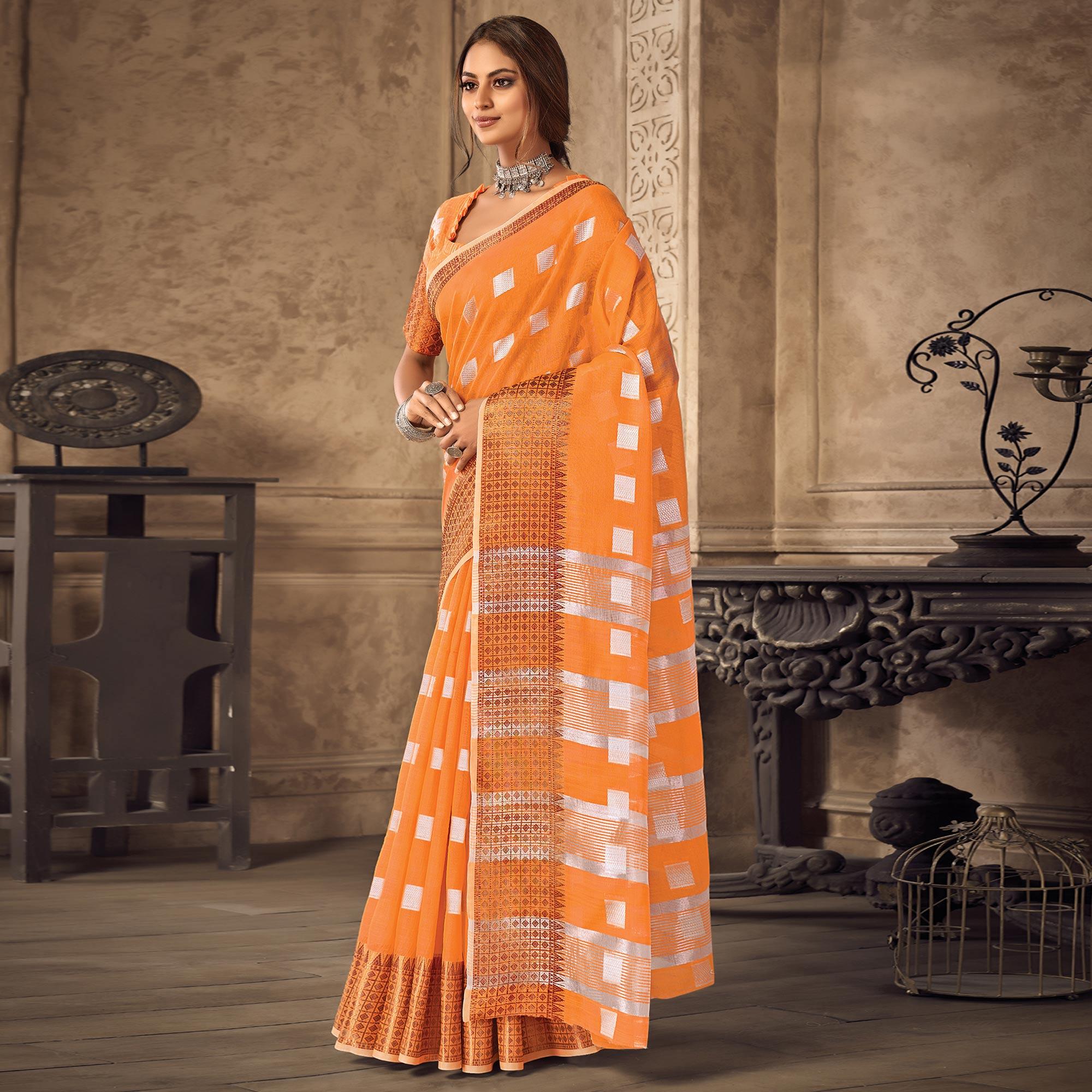 Orange Festive Wear Woven Linen Saree - Peachmode