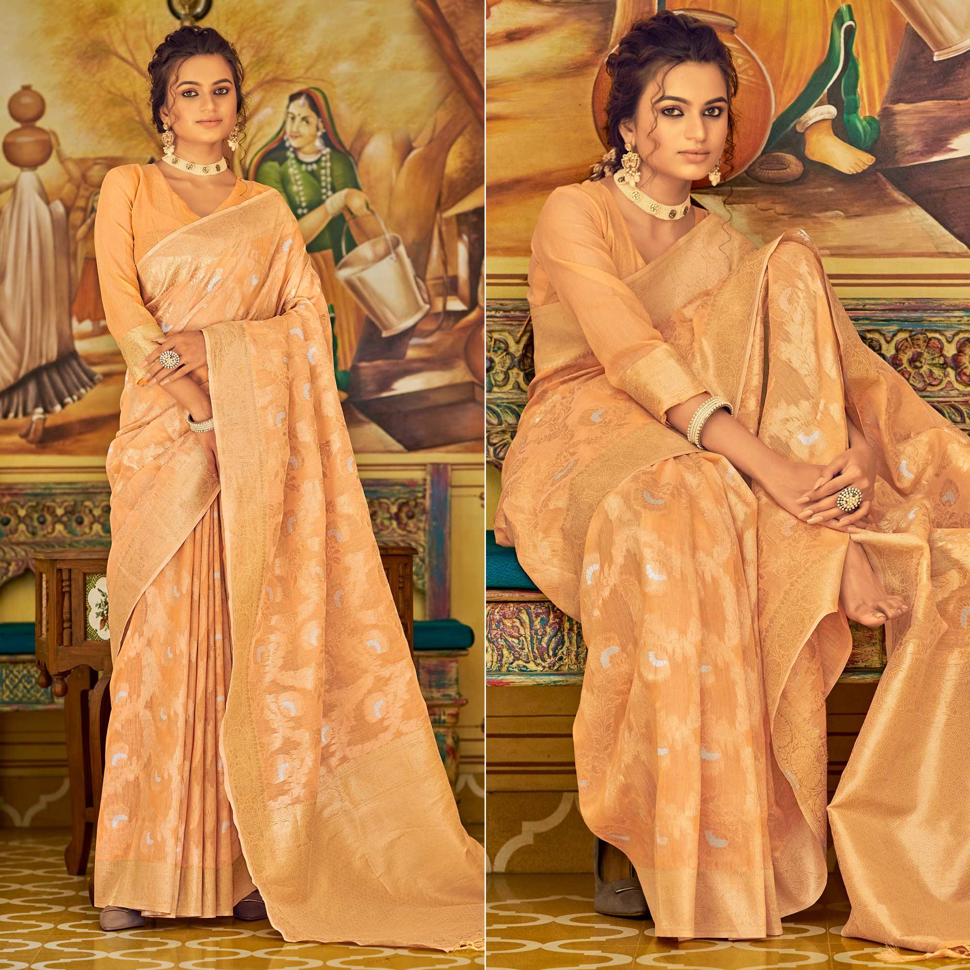 Orange Festive Wear Woven Linen Saree - Peachmode