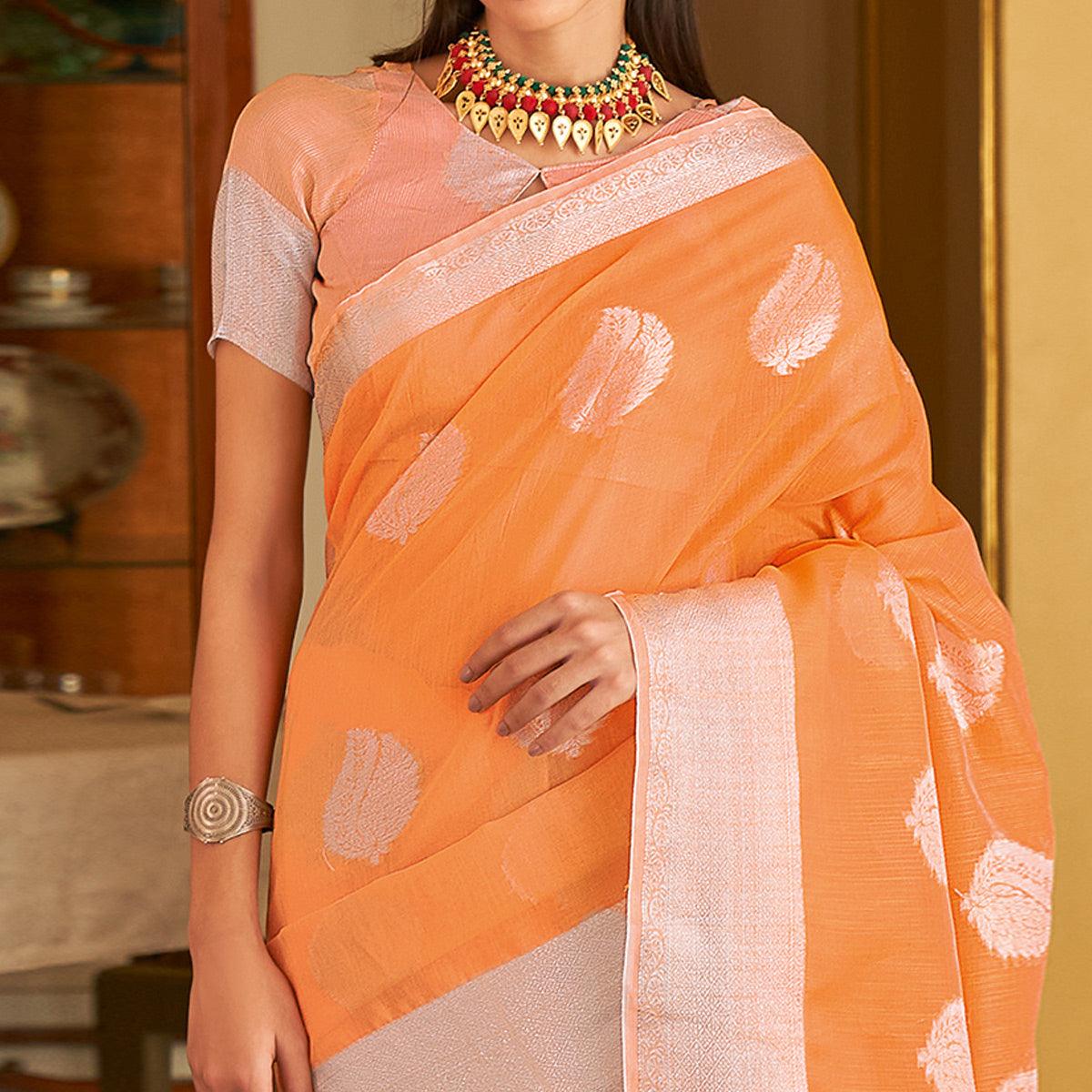 Orange Festive Wear Woven Linen Saree - Peachmode