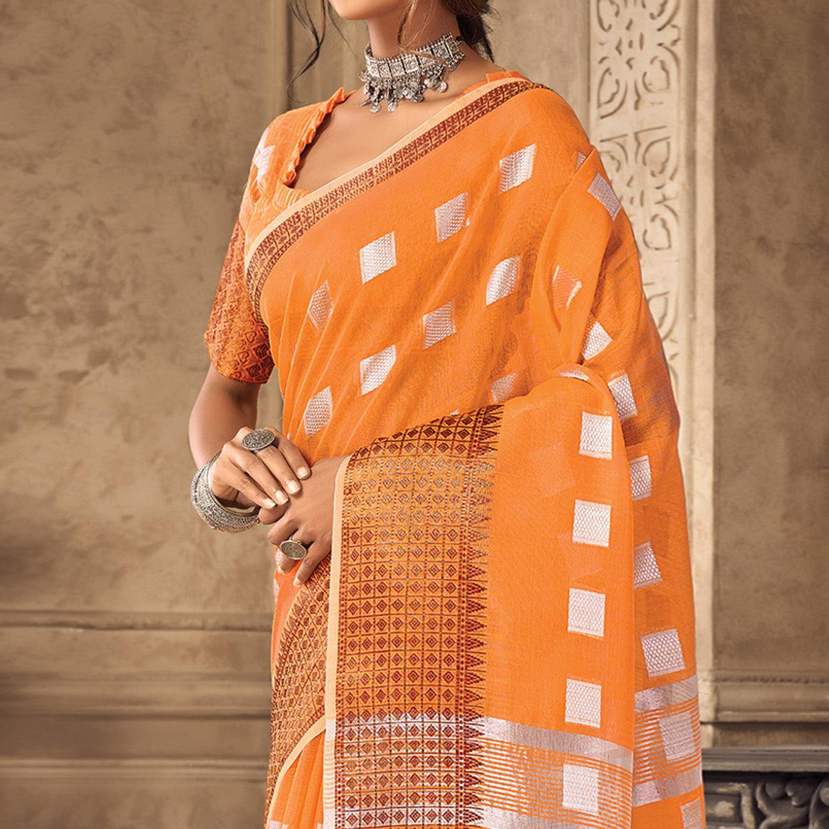 Orange Festive Wear Woven Linen Saree - Peachmode