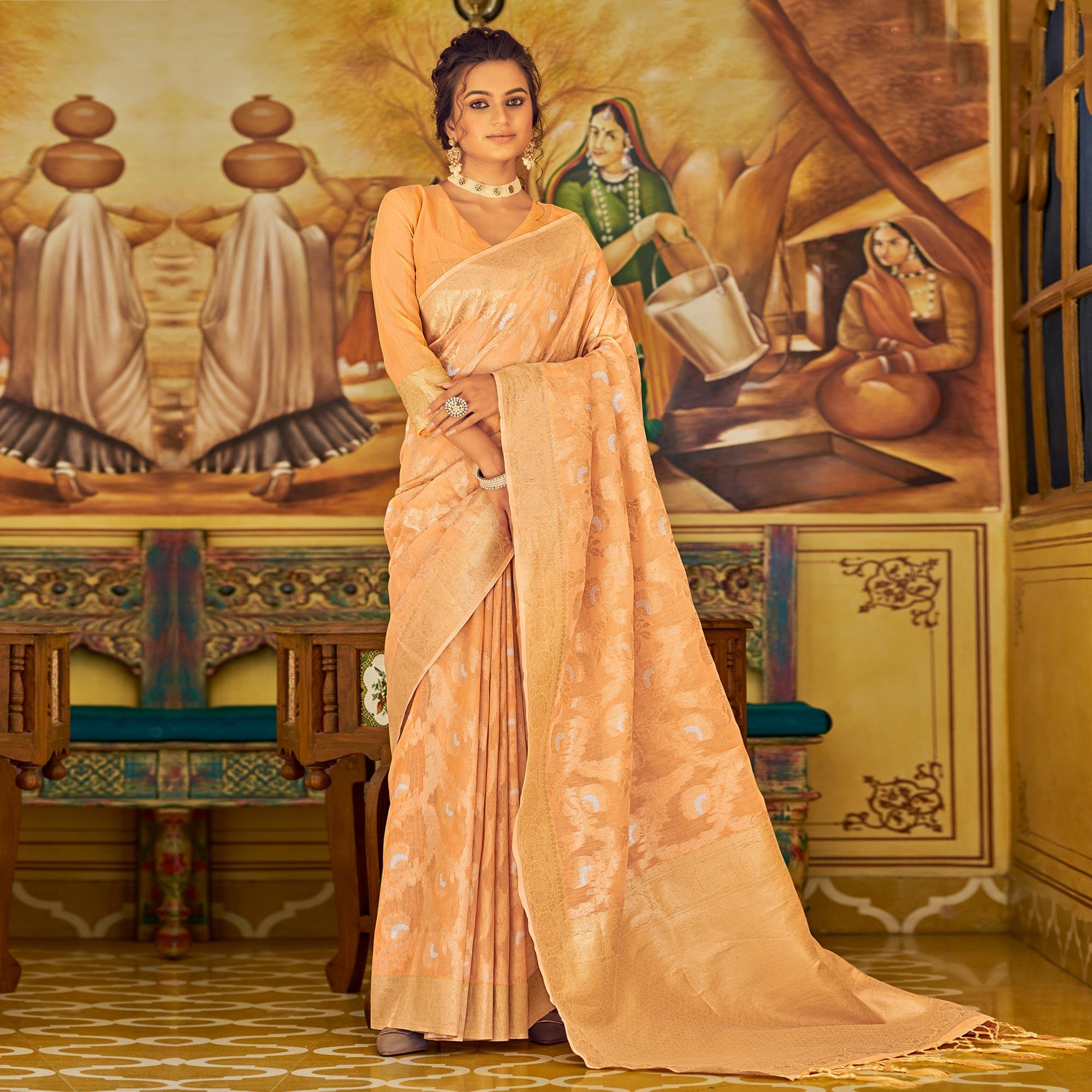 Orange Festive Wear Woven Linen Saree - Peachmode