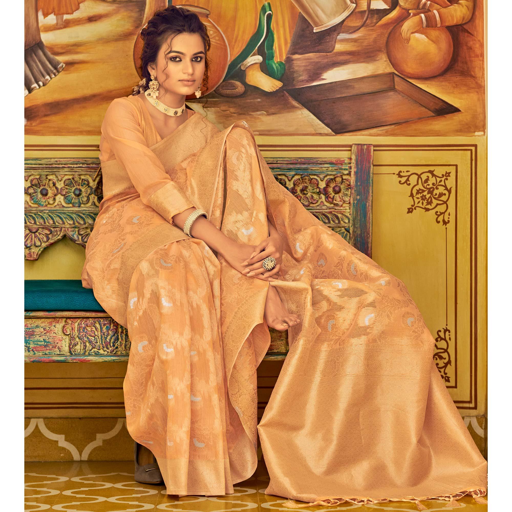Orange Festive Wear Woven Linen Saree - Peachmode
