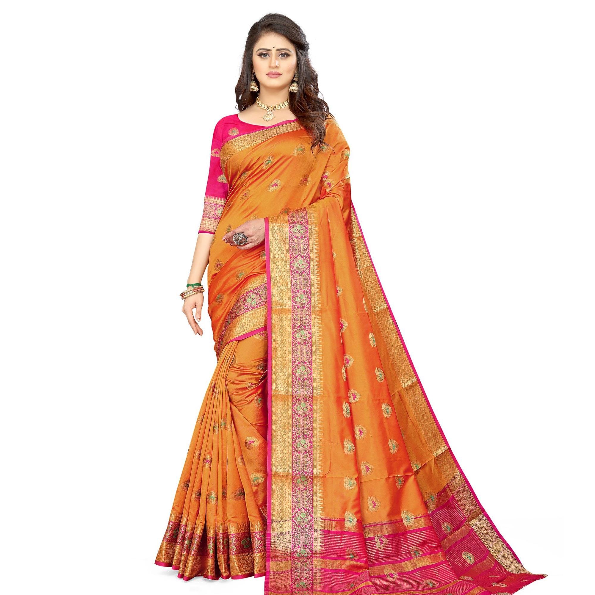 Orange Festive Wear Woven Maithili Silk Saree - Peachmode