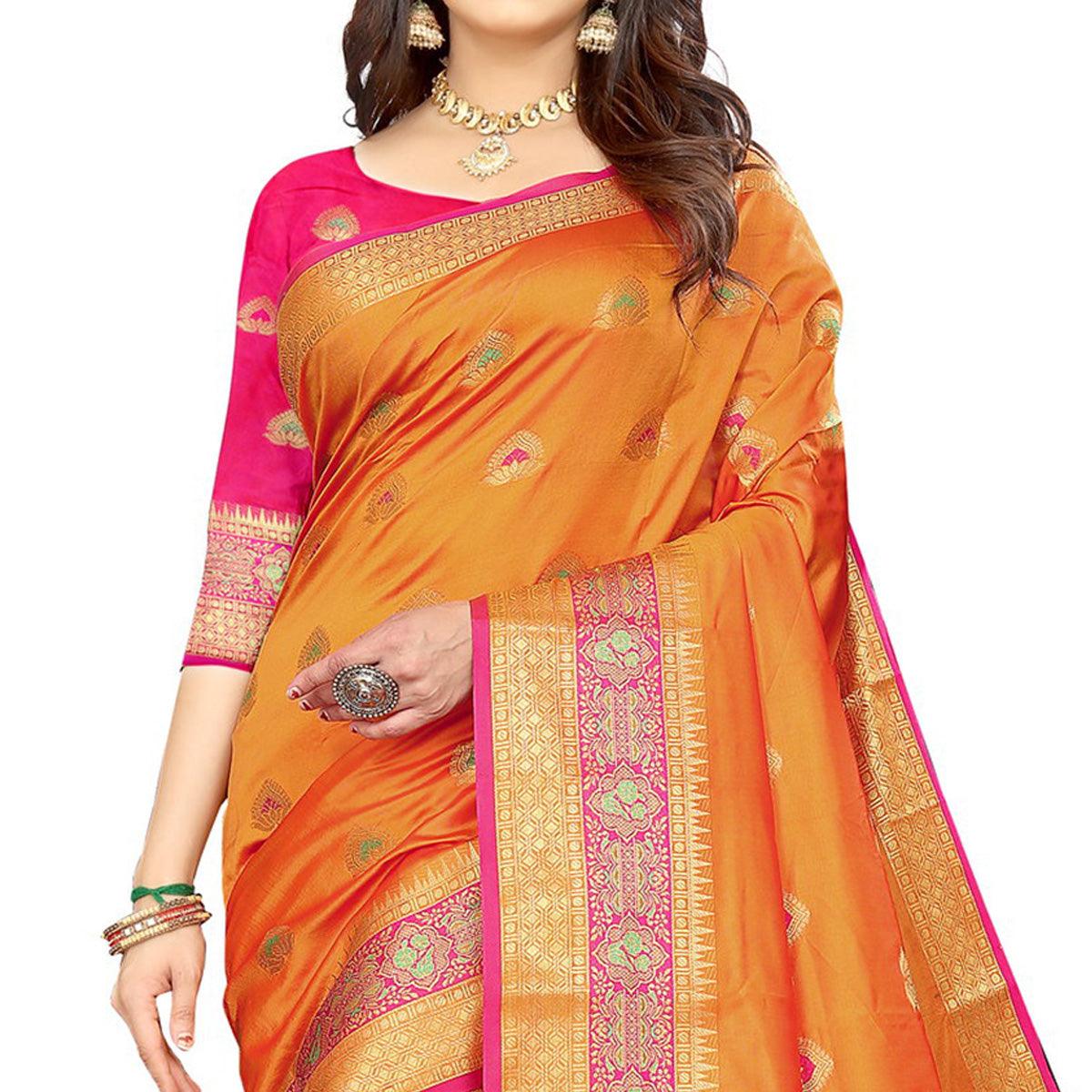Orange Festive Wear Woven Maithili Silk Saree - Peachmode