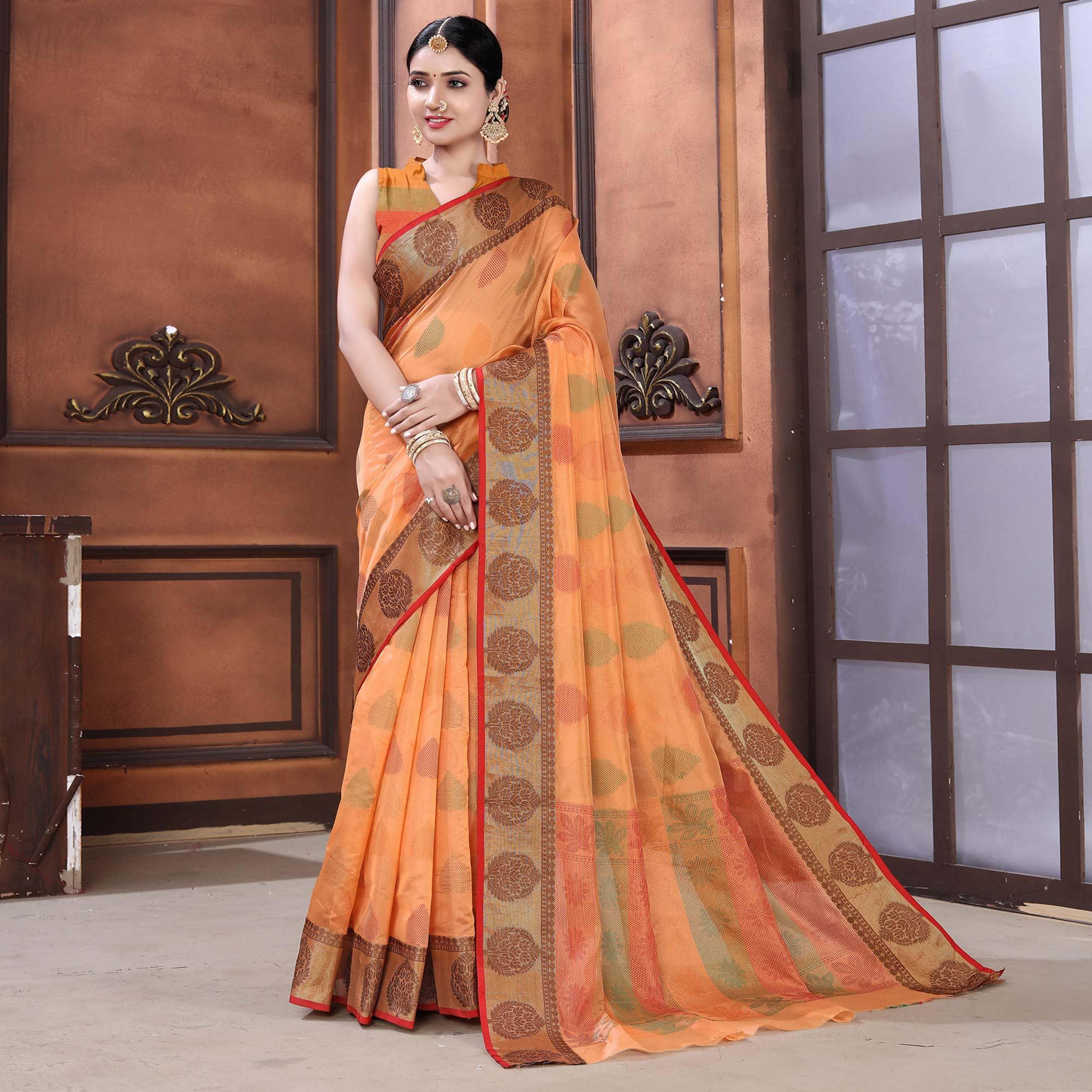 Orange Festive Wear Woven Organza Saree - Peachmode