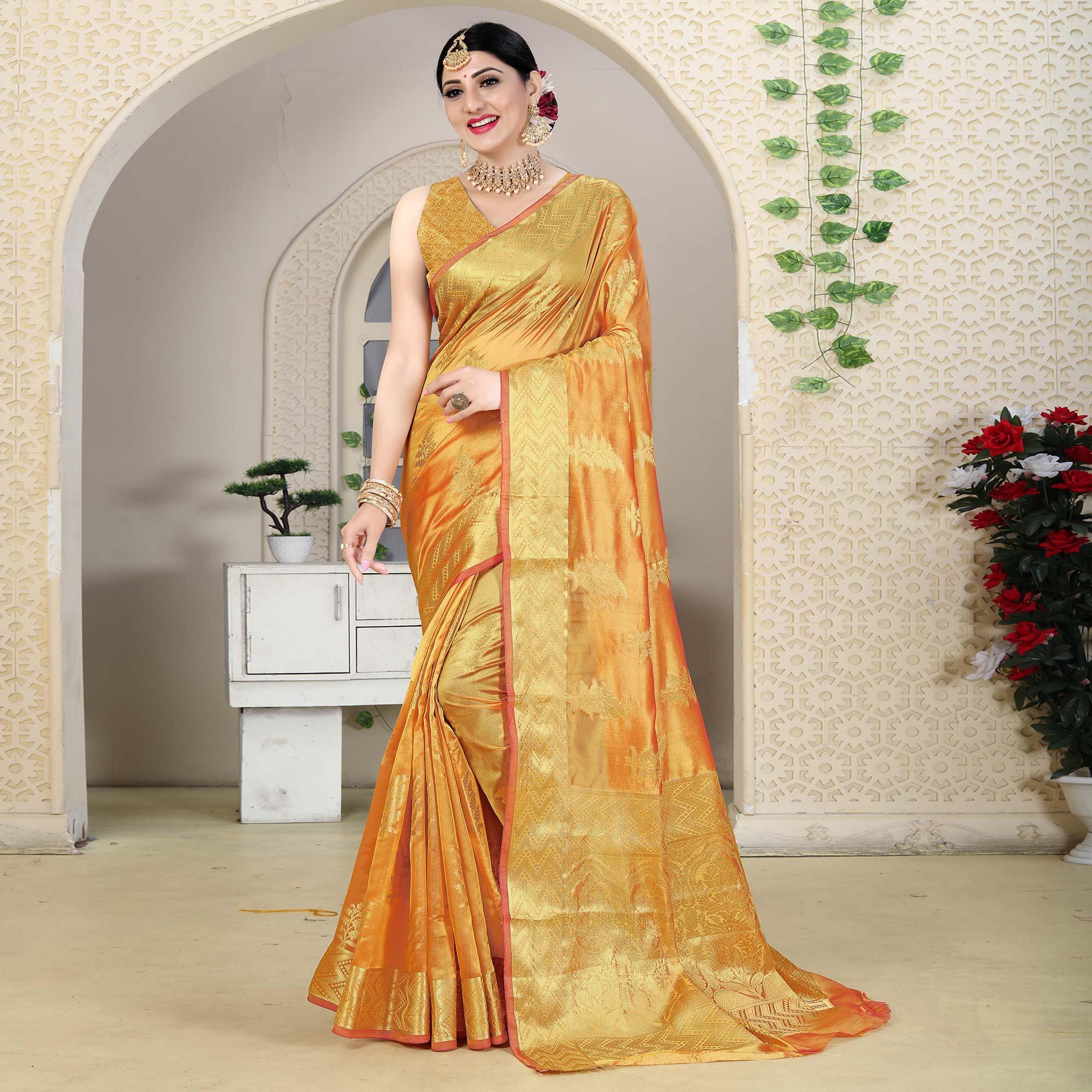 Orange Festive Wear Woven Organza Saree - Peachmode