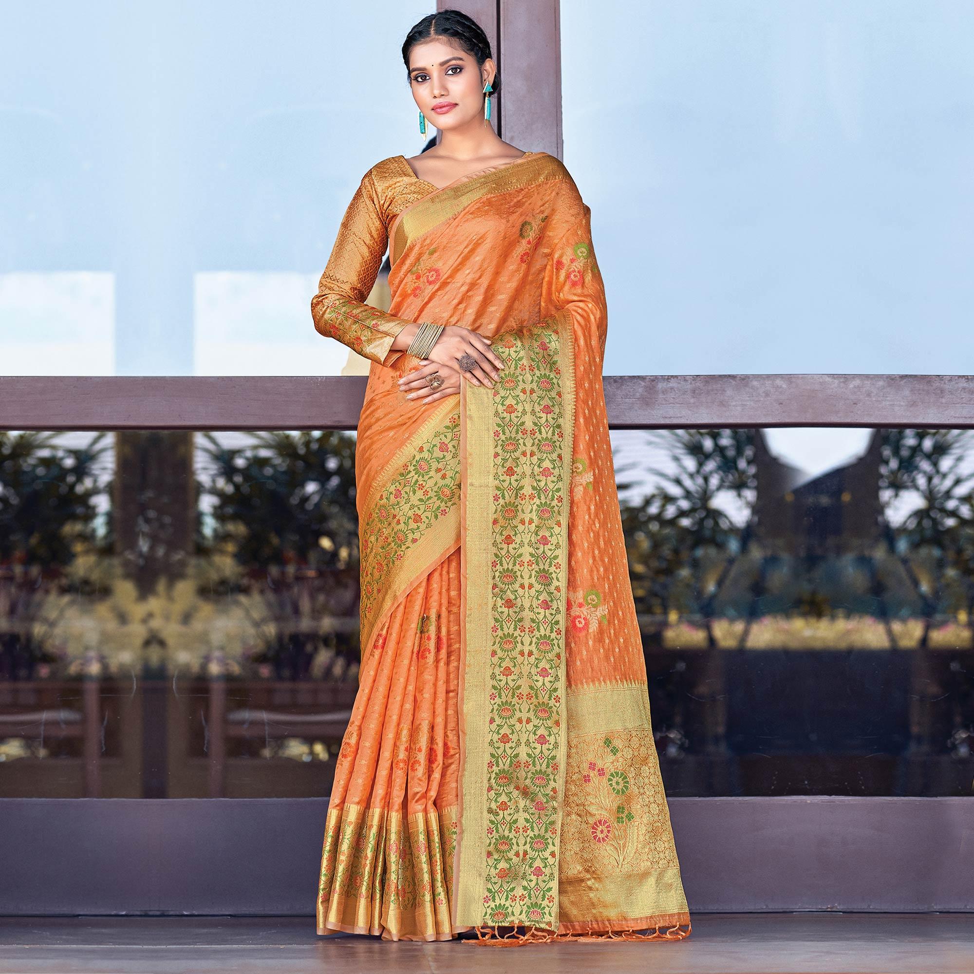 Orange Festive Wear Woven Organza Saree - Peachmode