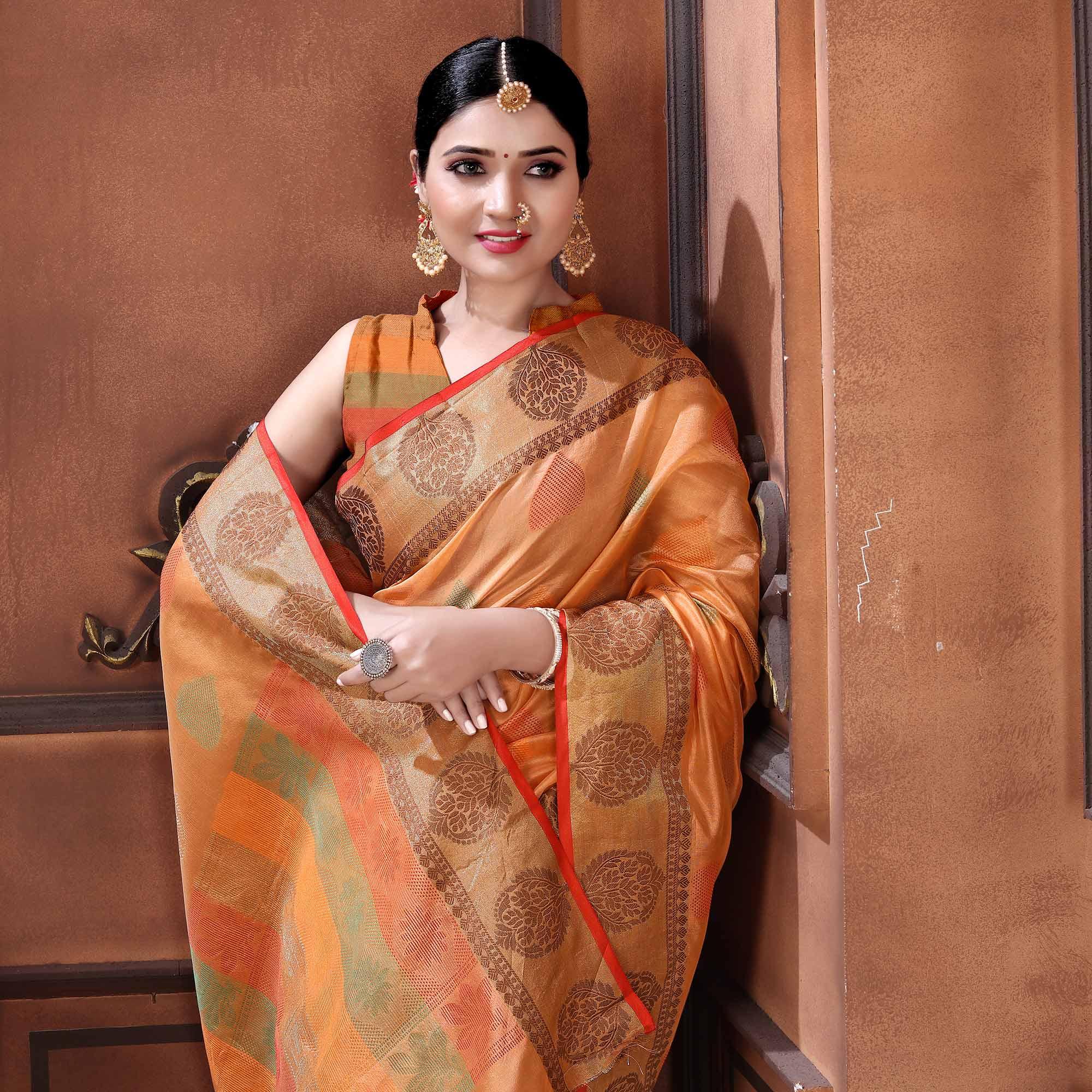 Orange Festive Wear Woven Organza Saree - Peachmode