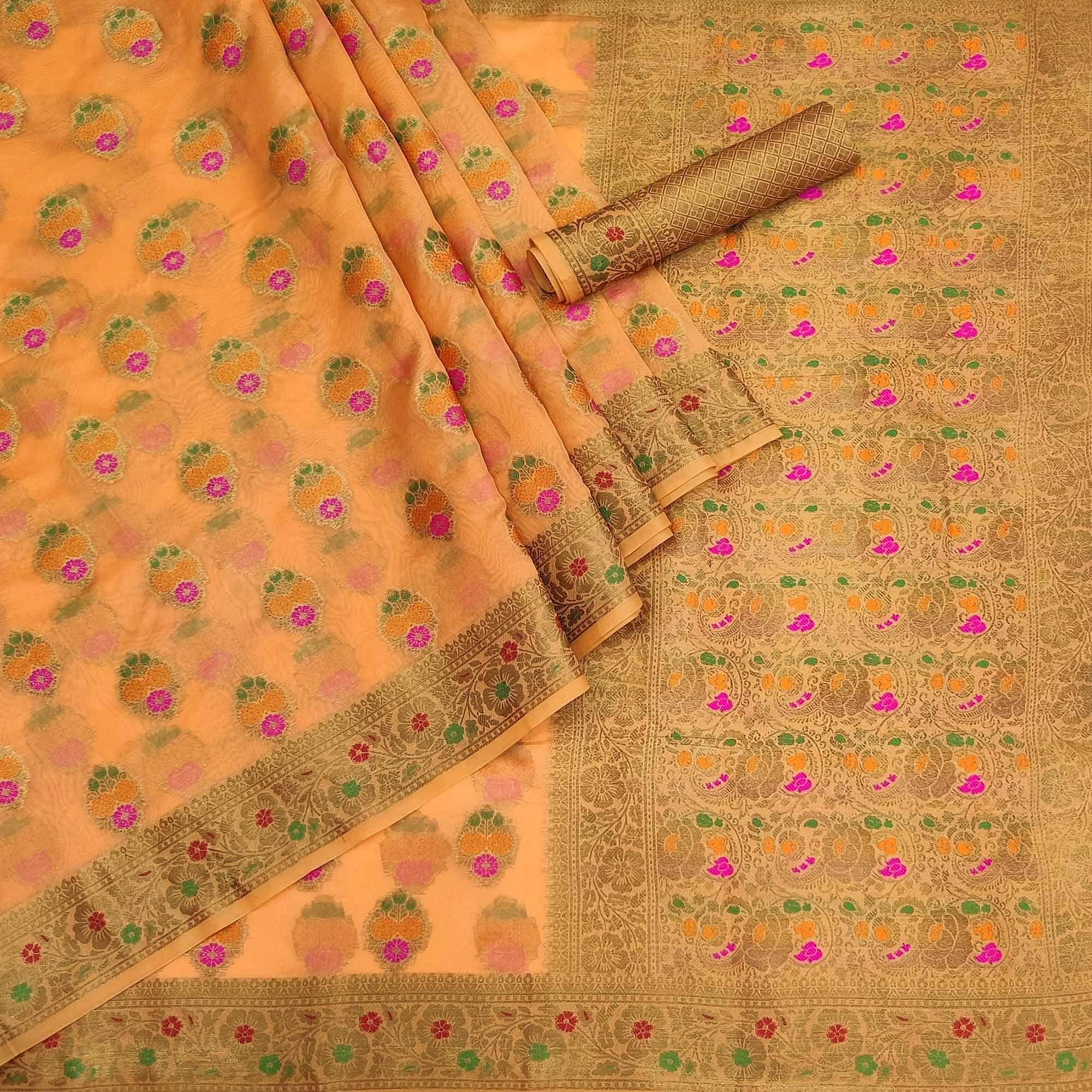 Orange Festive Wear Woven Organza Saree - Peachmode