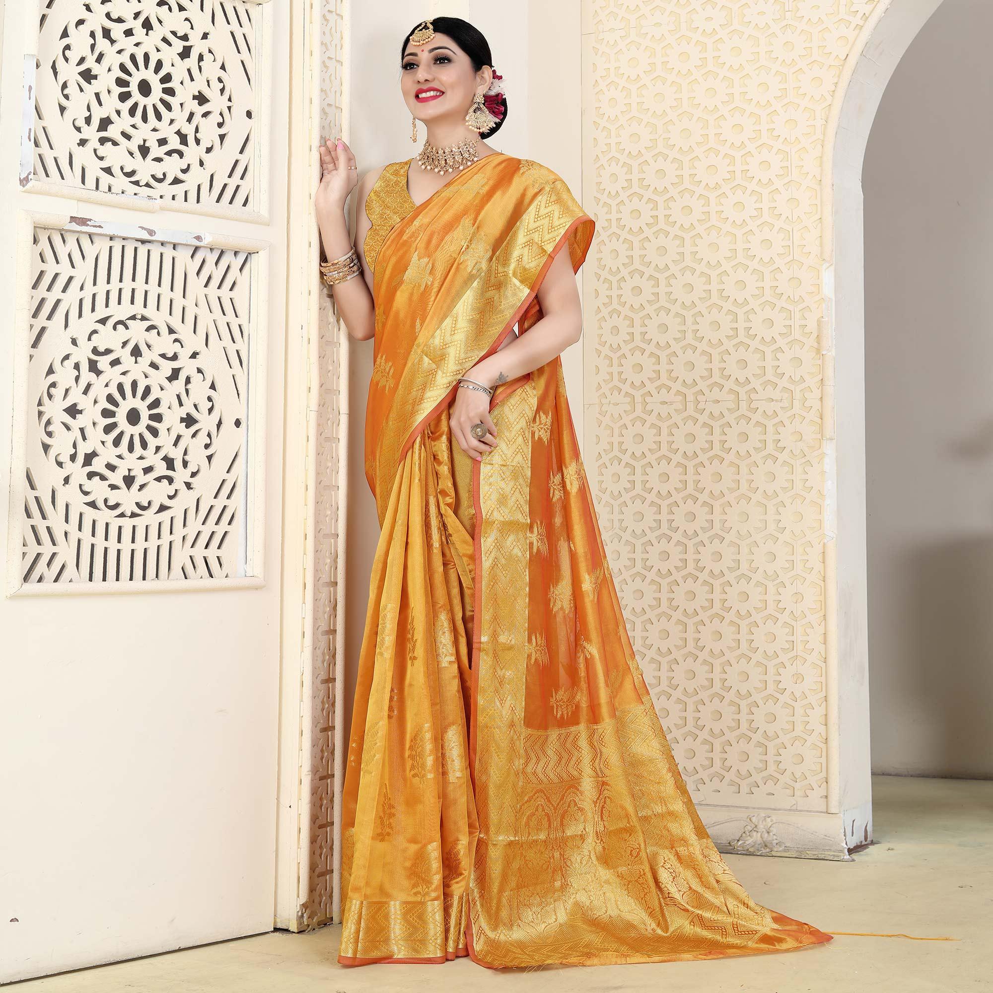 Orange Festive Wear Woven Organza Saree - Peachmode