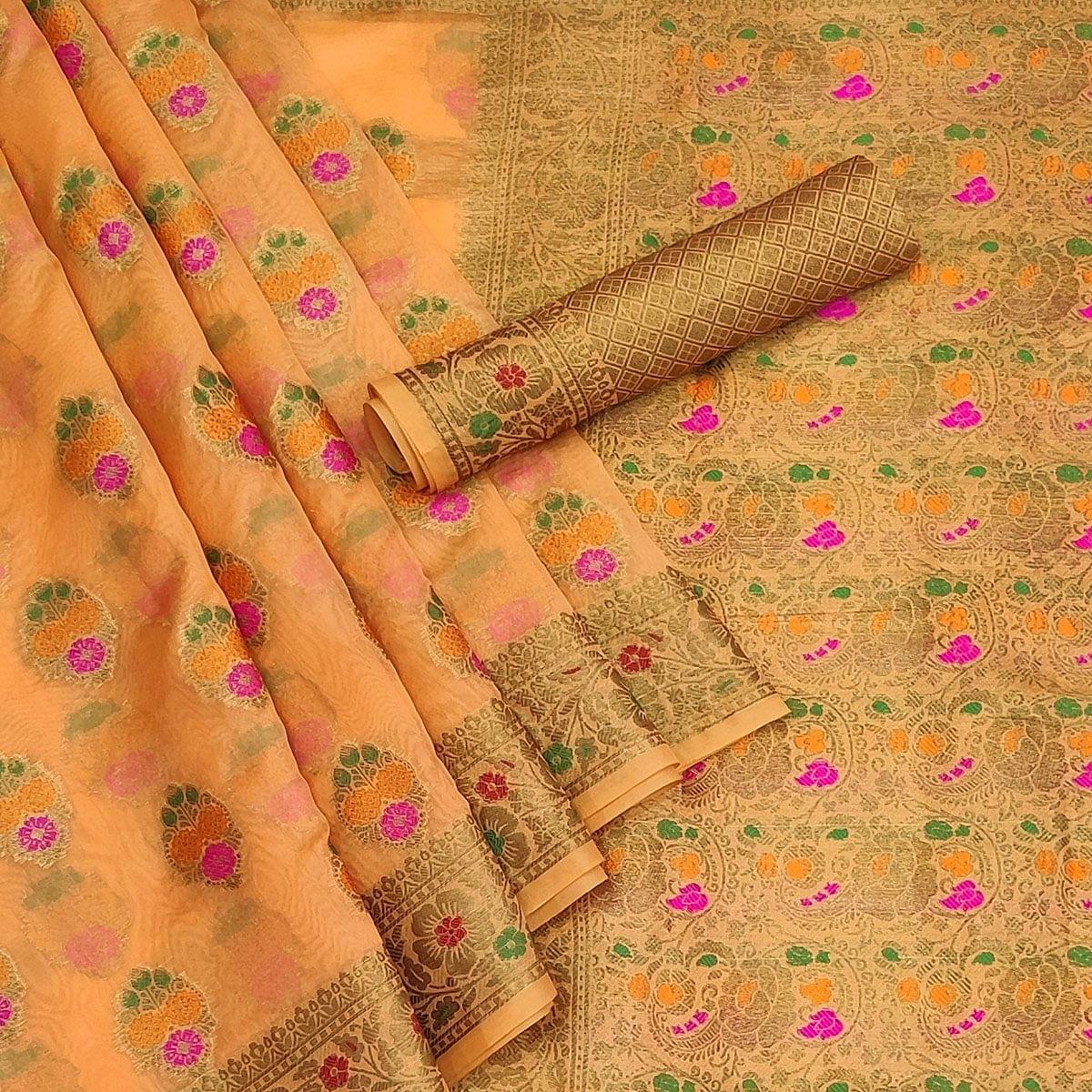 Orange Festive Wear Woven Organza Saree - Peachmode
