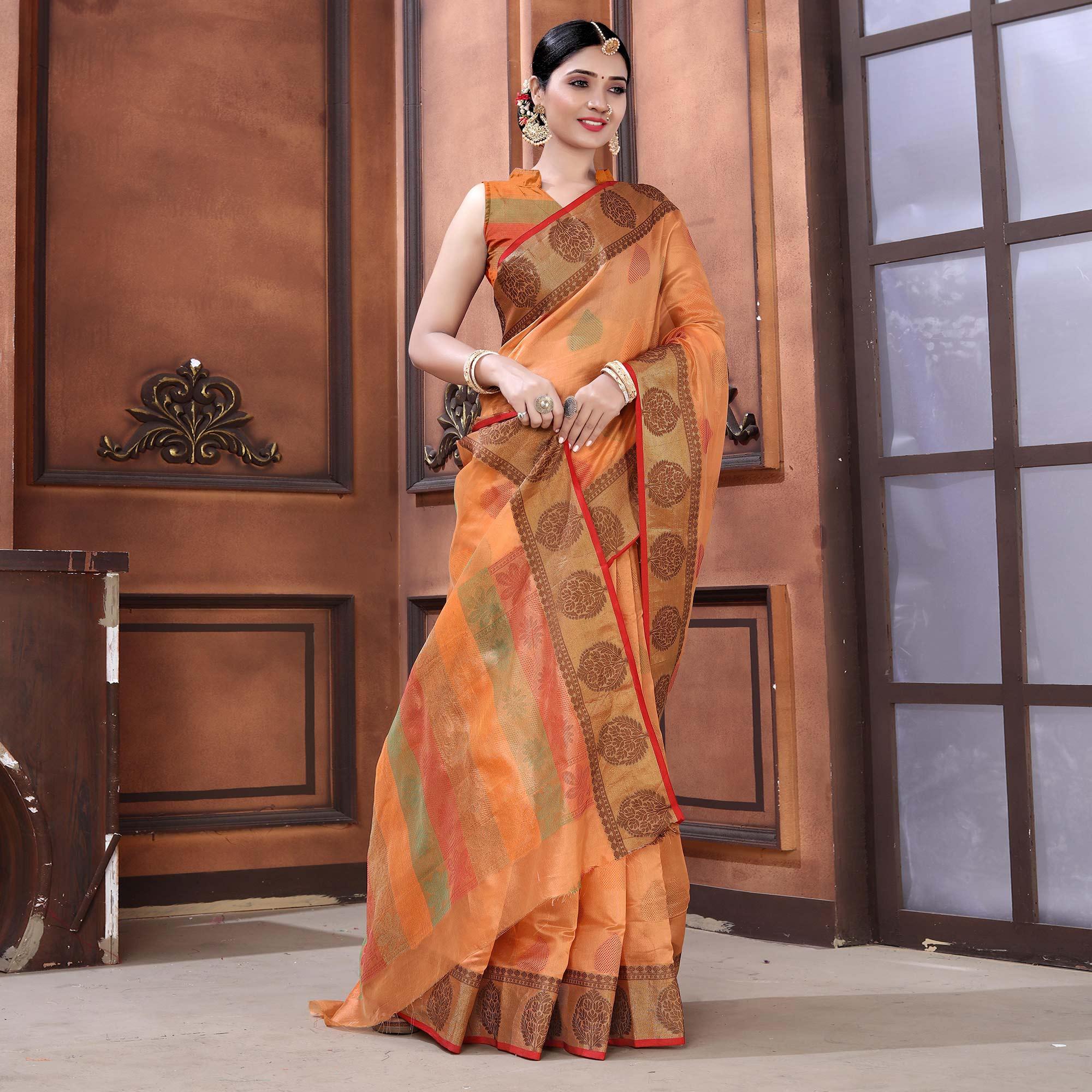 Orange Festive Wear Woven Organza Saree - Peachmode