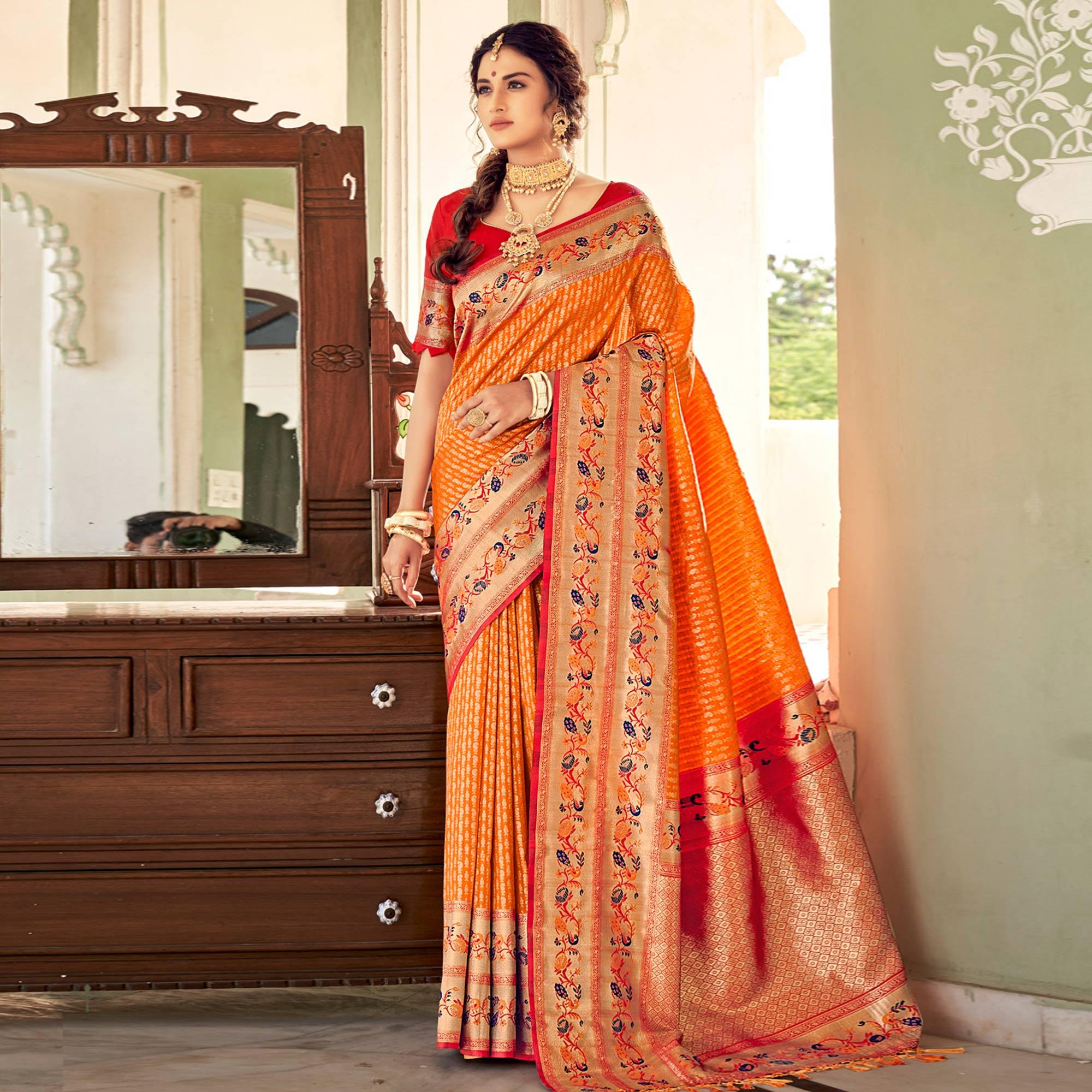 Orange Festive Wear Woven Paithani Silk Saree - Peachmode