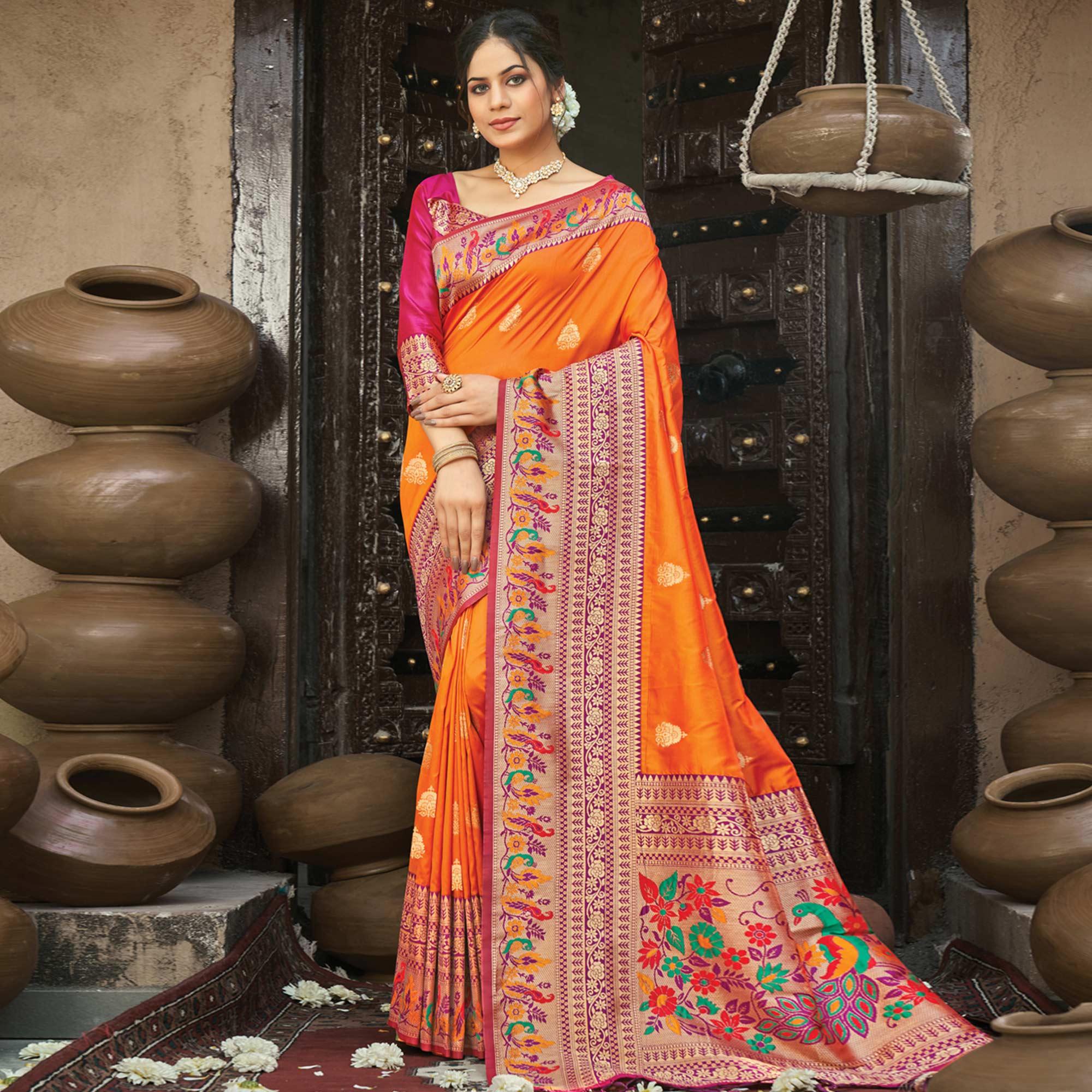 Orange Festive Wear Woven Paithani Silk Saree - Peachmode