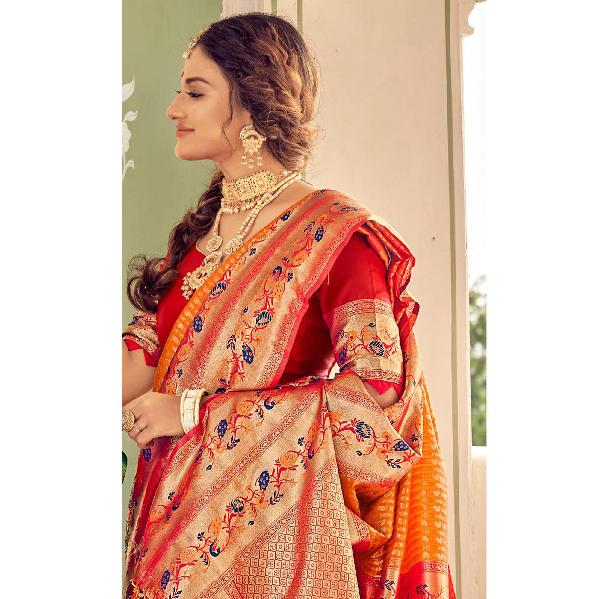 Orange Festive Wear Woven Paithani Silk Saree - Peachmode