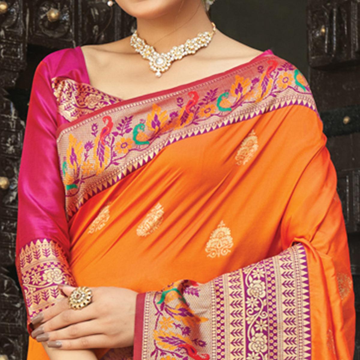 Orange Festive Wear Woven Paithani Silk Saree - Peachmode