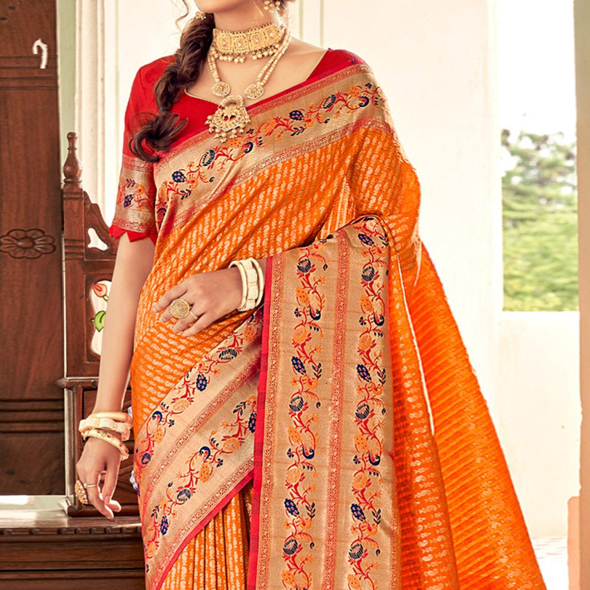Orange Festive Wear Woven Paithani Silk Saree - Peachmode