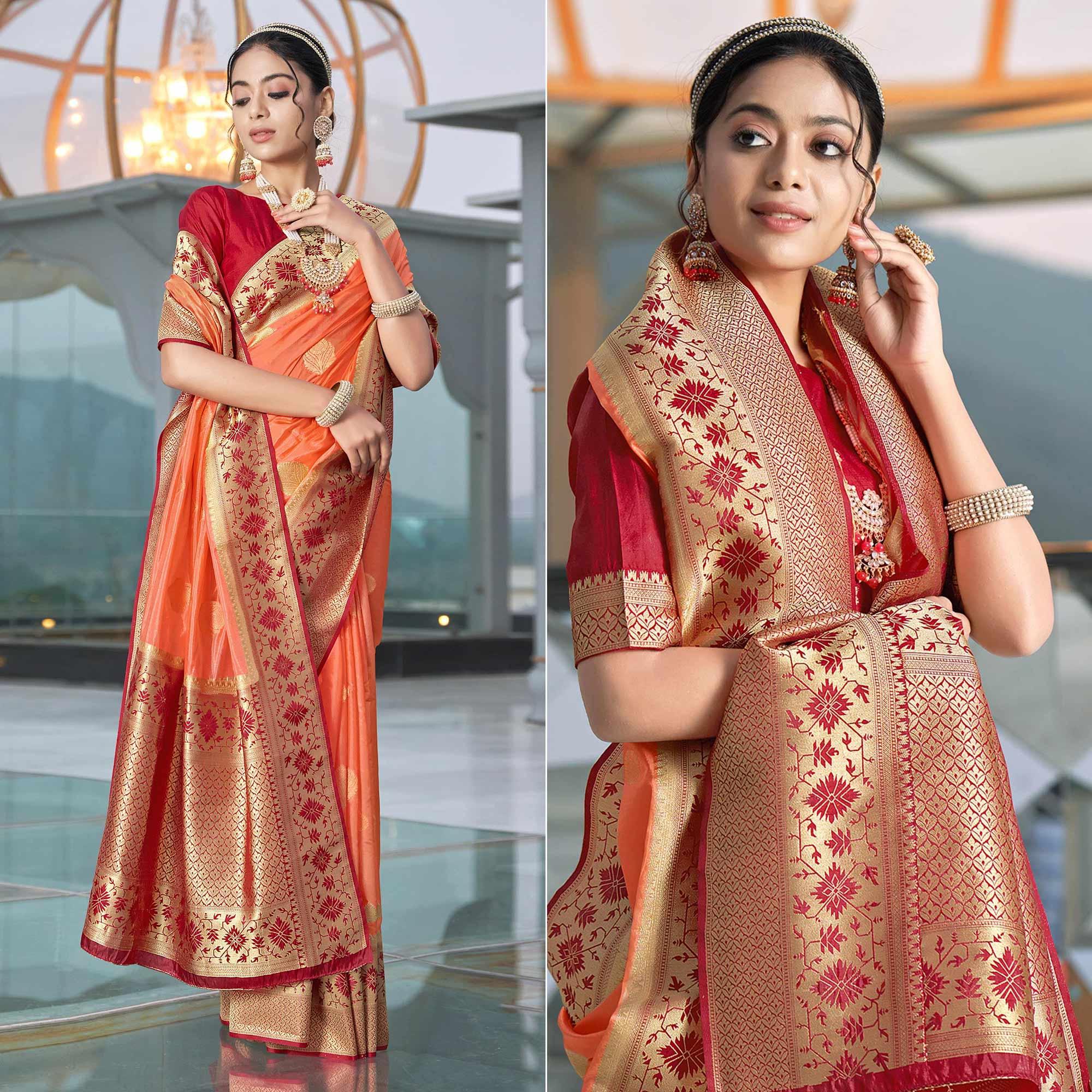 Orange Festive Wear Woven Silk Organza Saree - Peachmode