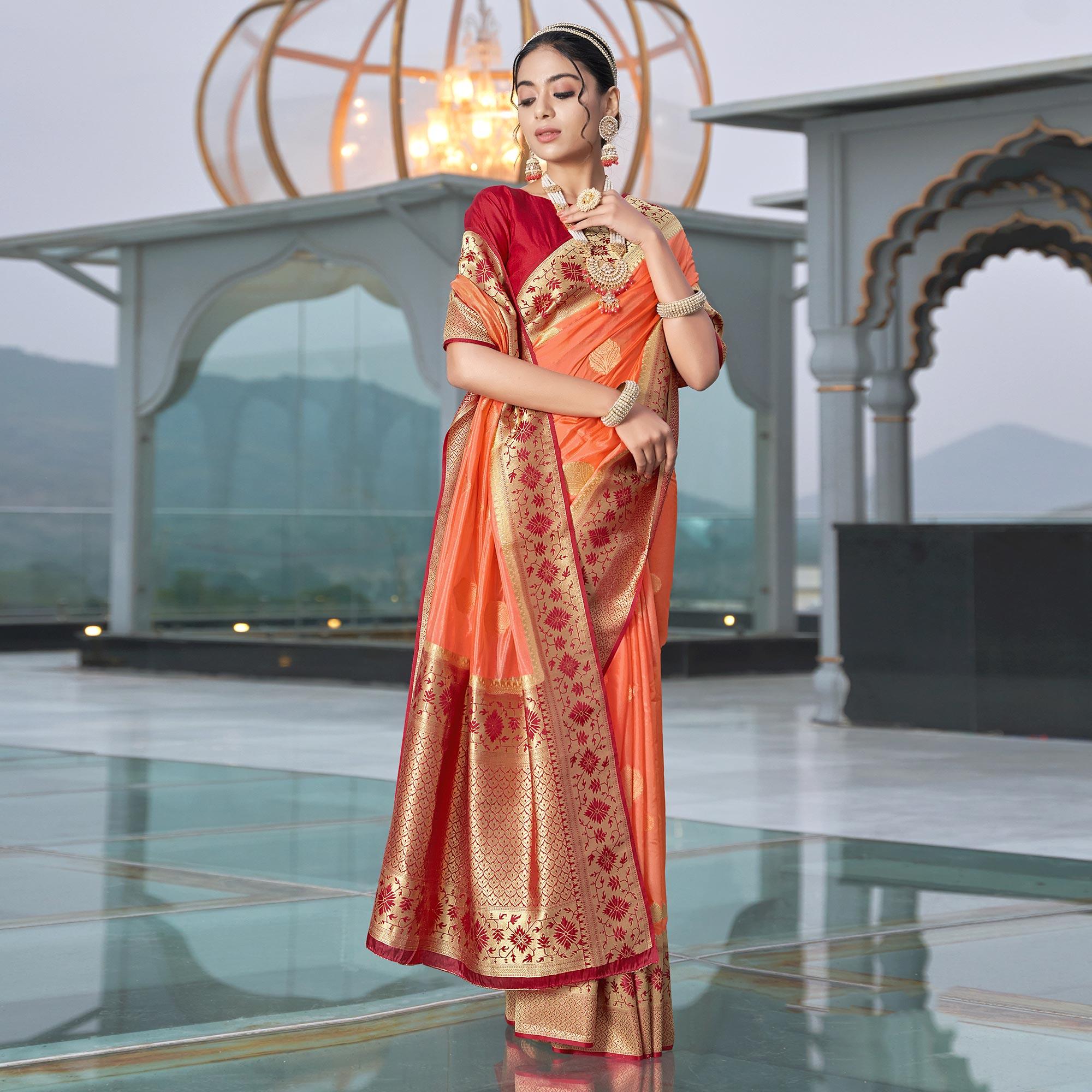 Orange Festive Wear Woven Silk Organza Saree - Peachmode