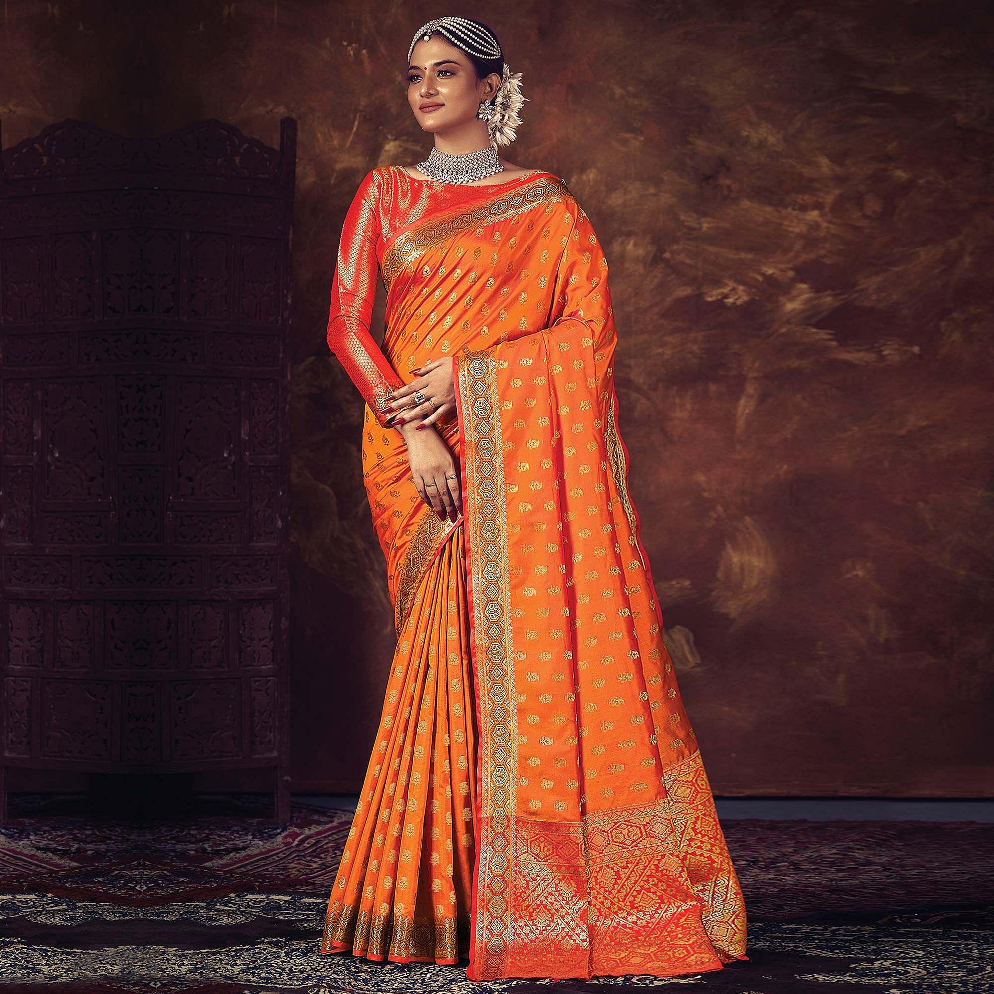 Orange Festive Wear Woven Silk Saree - Peachmode