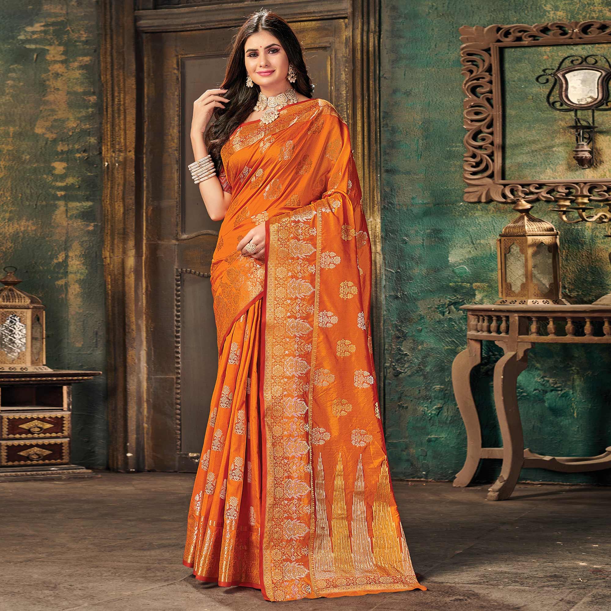 Orange Festive Wear Woven Silk Saree - Peachmode