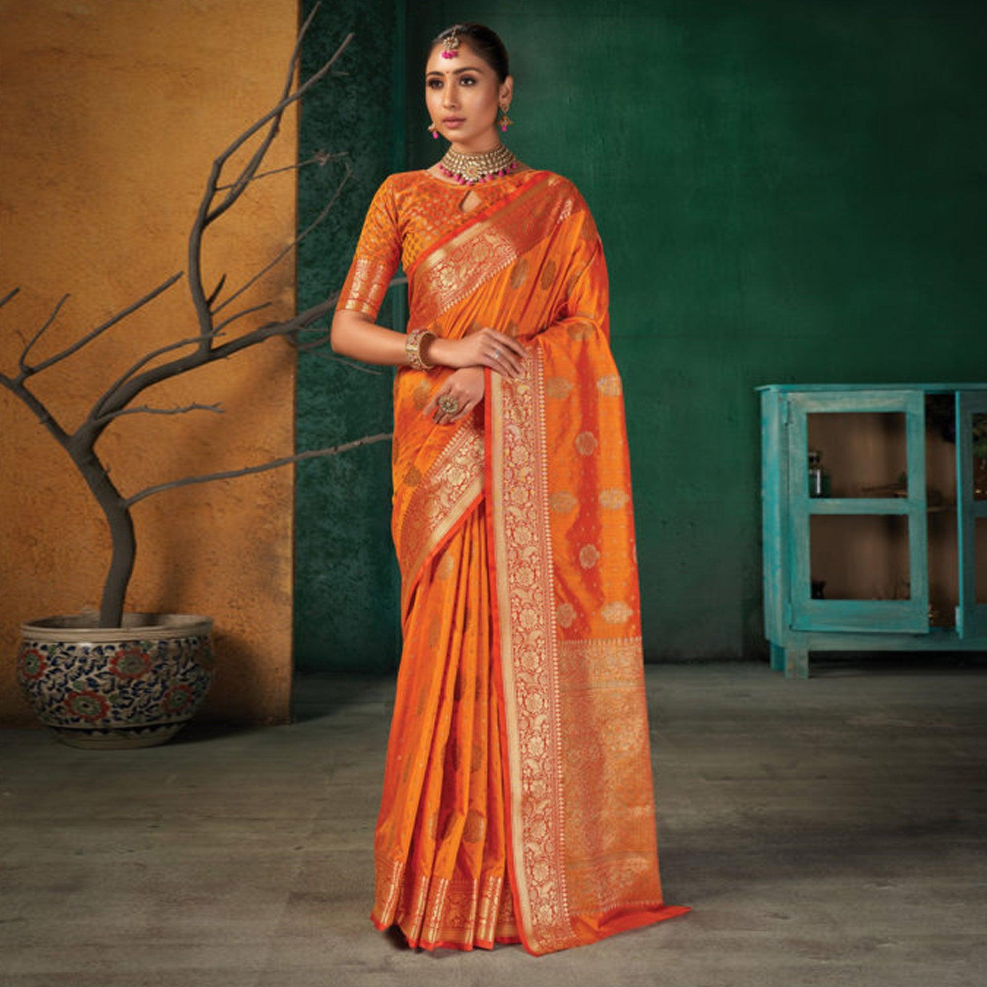 Orange Festive Wear Woven Silk Saree - Peachmode