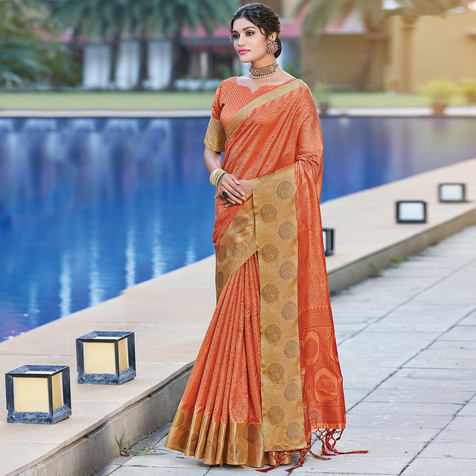 Orange Festive Wear Woven Silk Saree - Peachmode