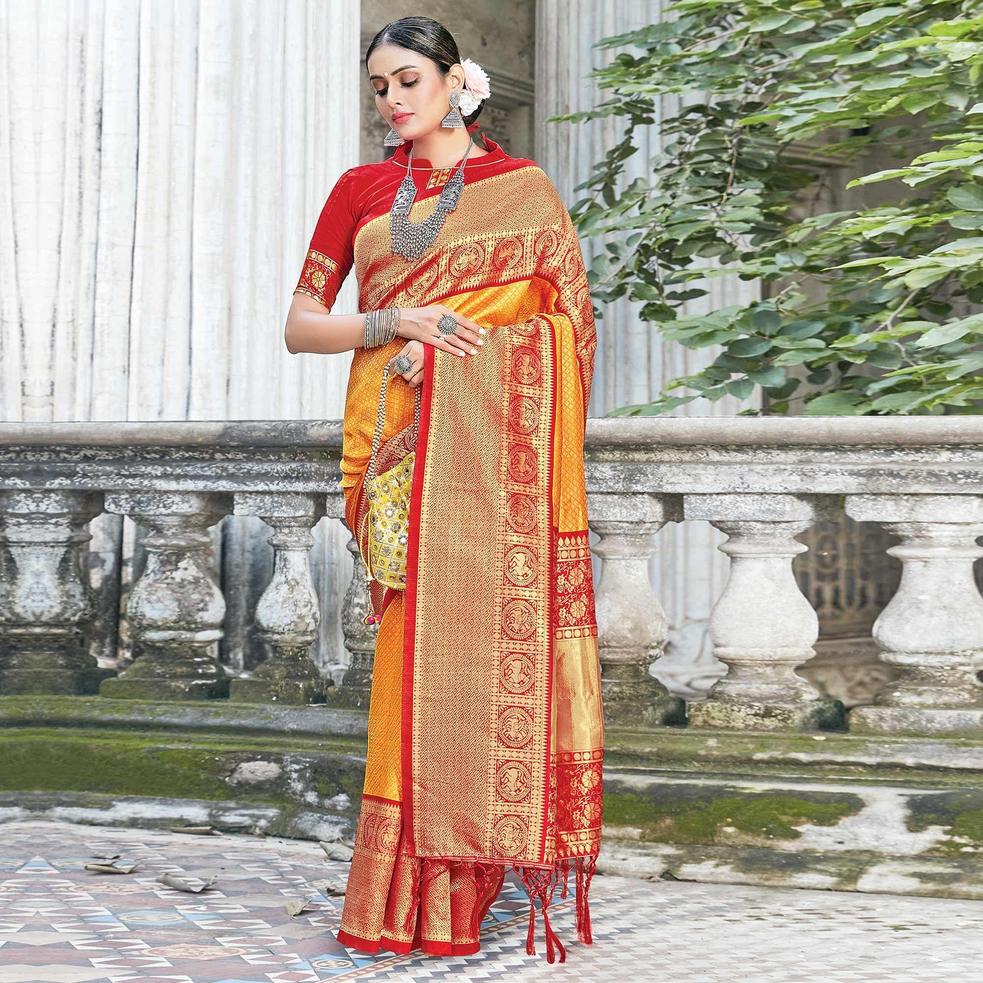 Orange Festive Wear Woven Silk Saree - Peachmode