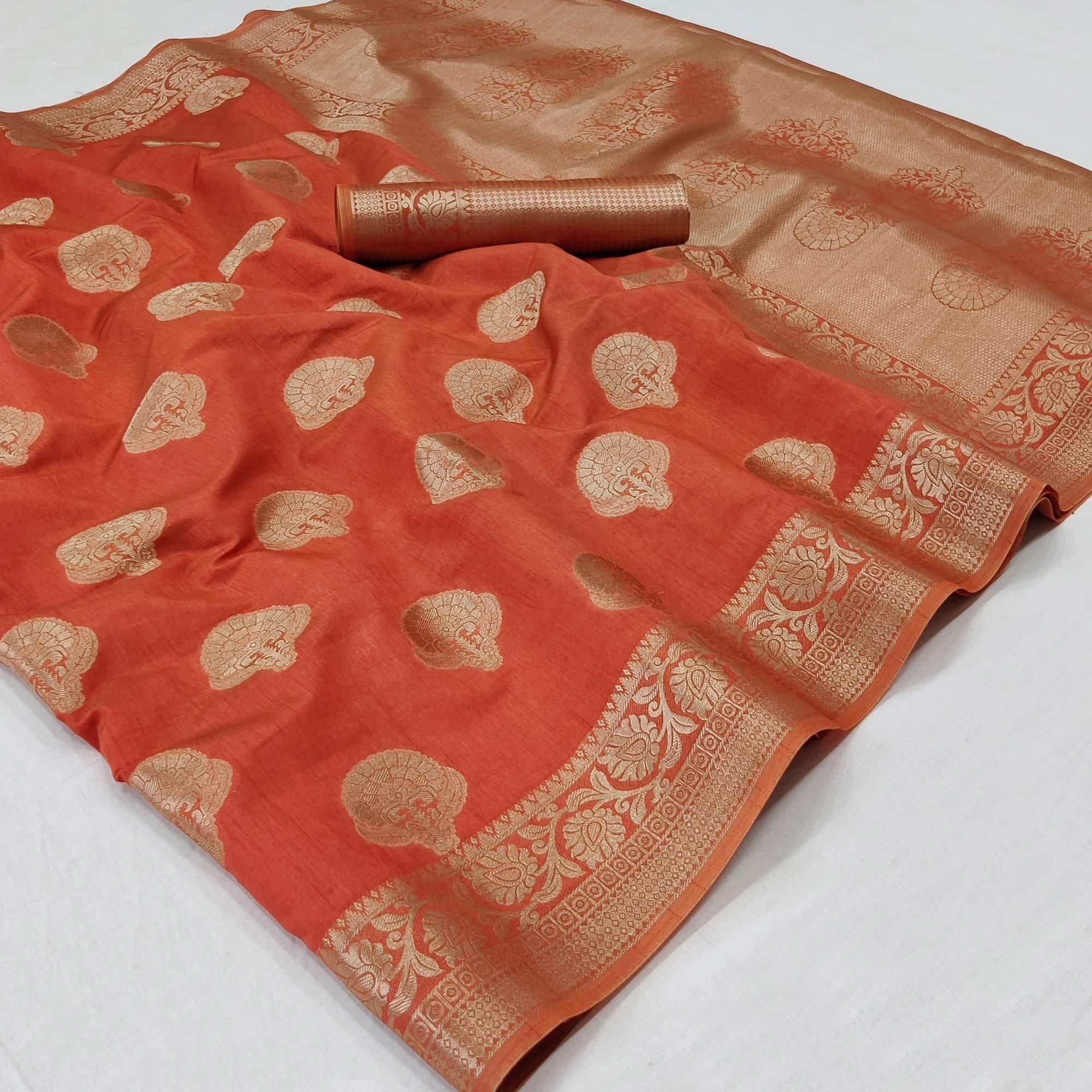 Orange Festive Wear Woven Silk Saree - Peachmode