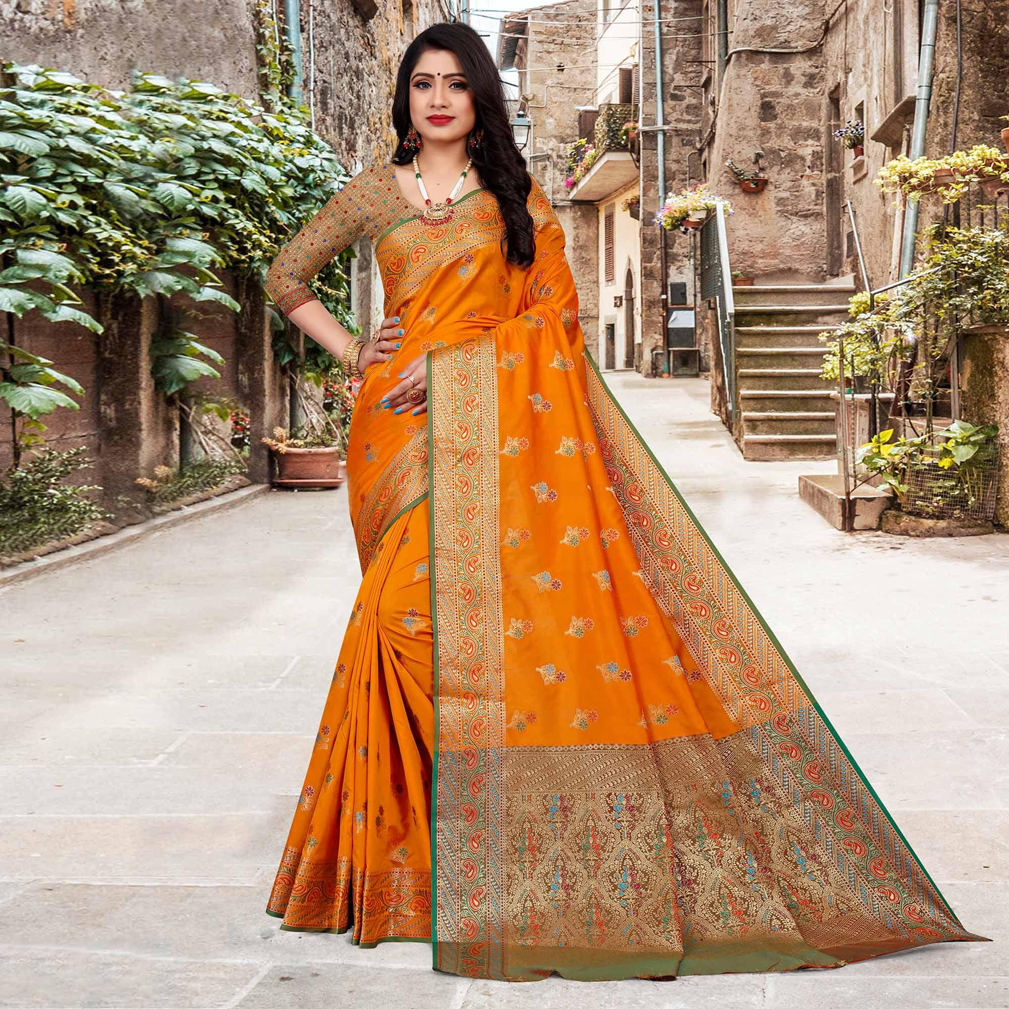 Orange Festive Wear Woven Silk Saree - Peachmode