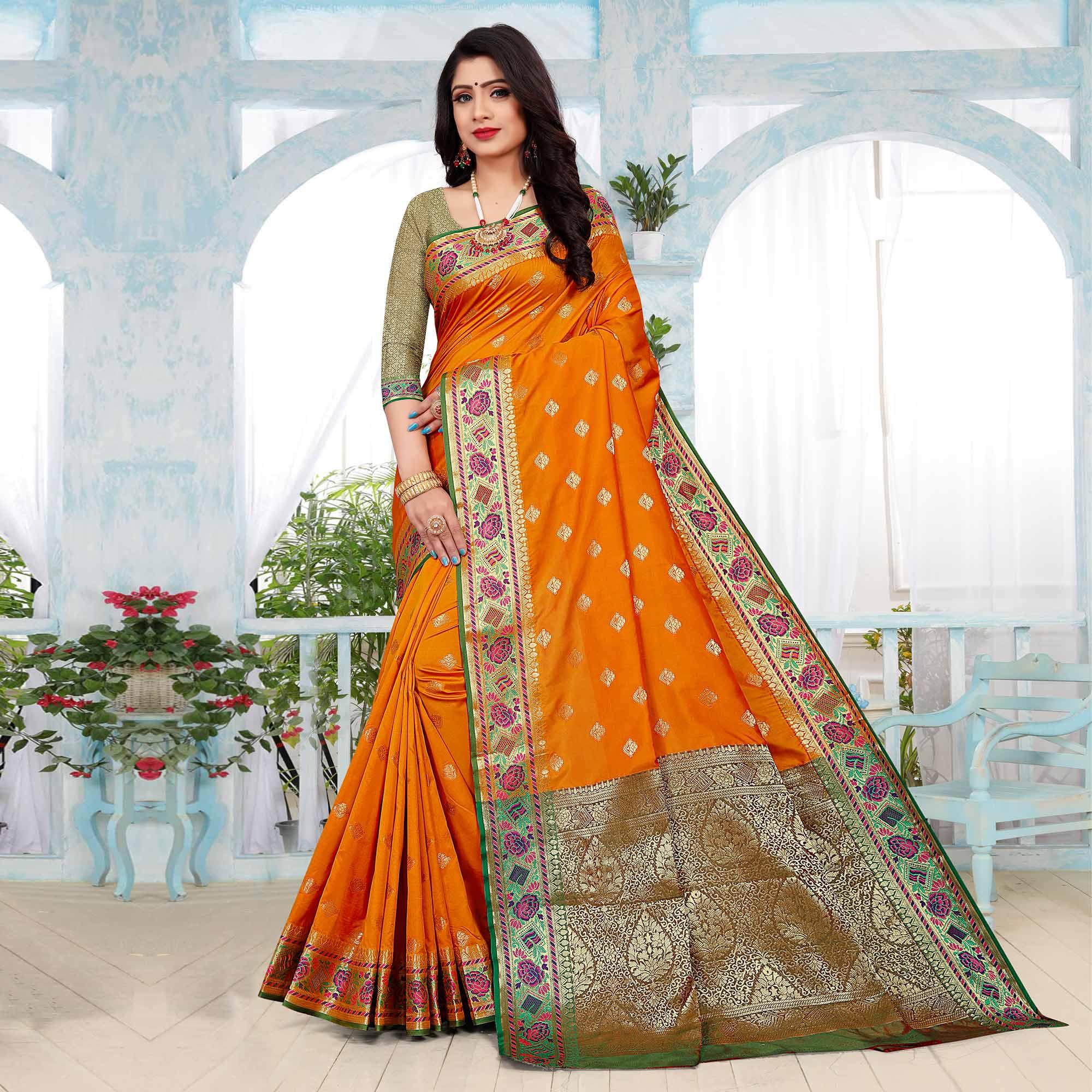 Orange Festive Wear Woven Silk Saree - Peachmode
