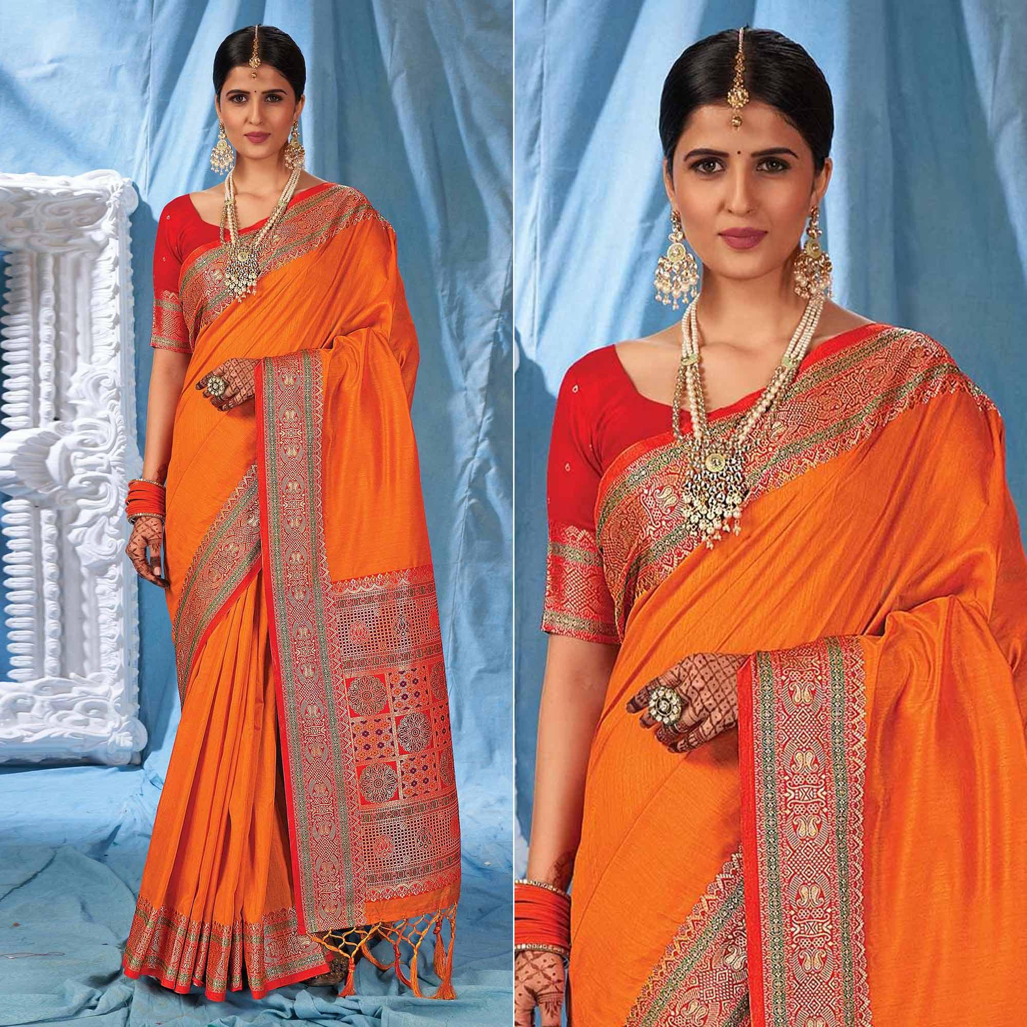 Orange Festive Wear Woven Silk Saree - Peachmode