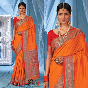 Orange Festive Wear Woven Silk Saree - Peachmode