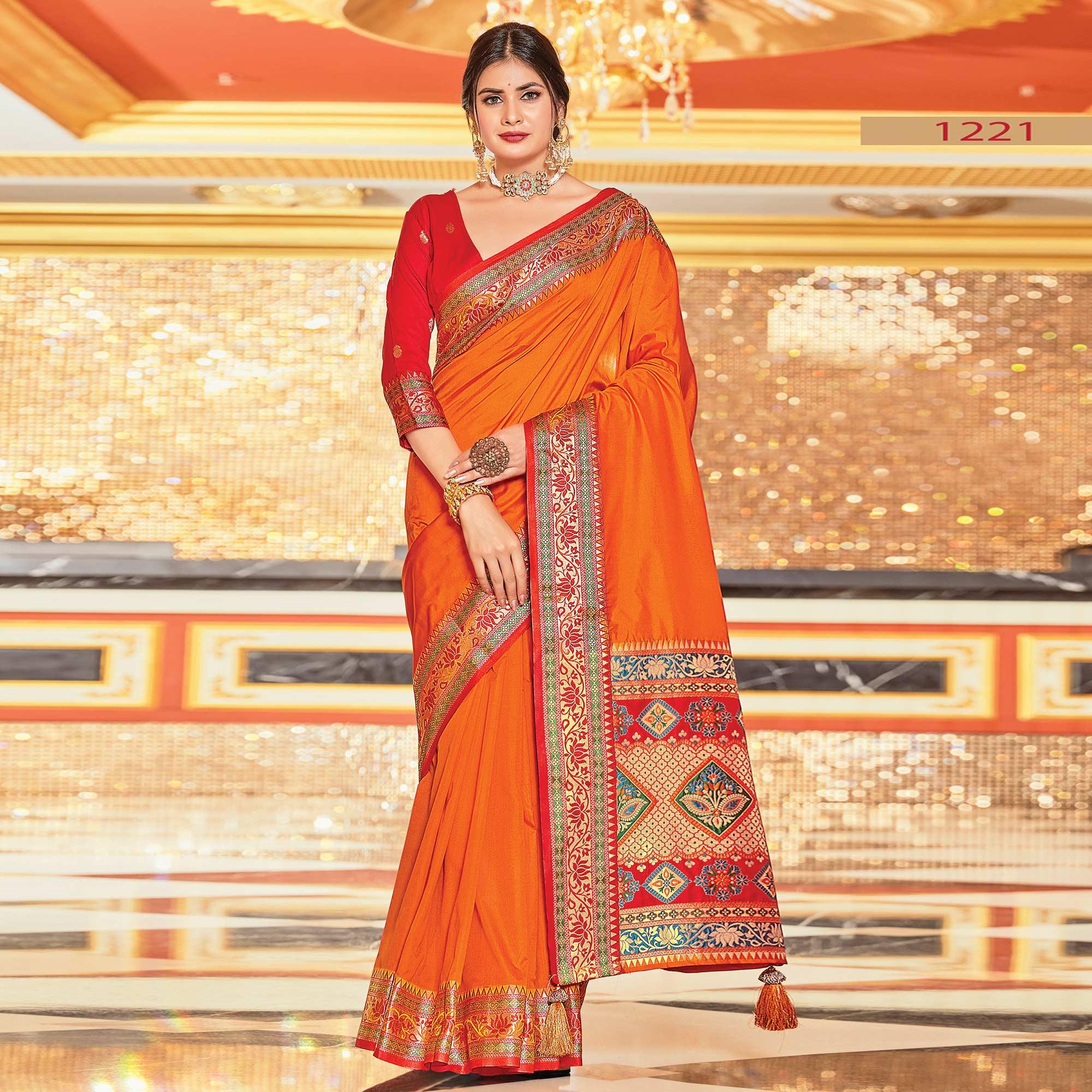 Orange Festive Wear Woven Silk Saree - Peachmode