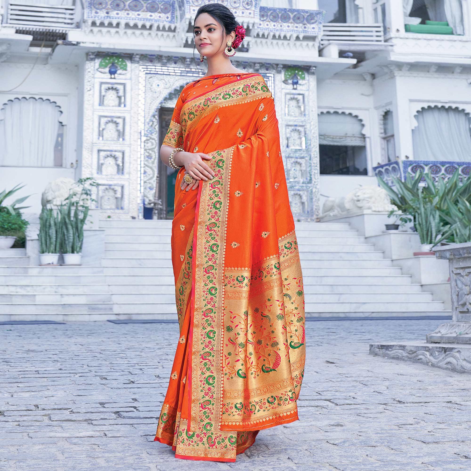 Orange Festive Wear Woven Silk Saree - Peachmode