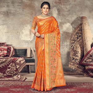 Orange Festive Wear Woven Silk Saree - Peachmode