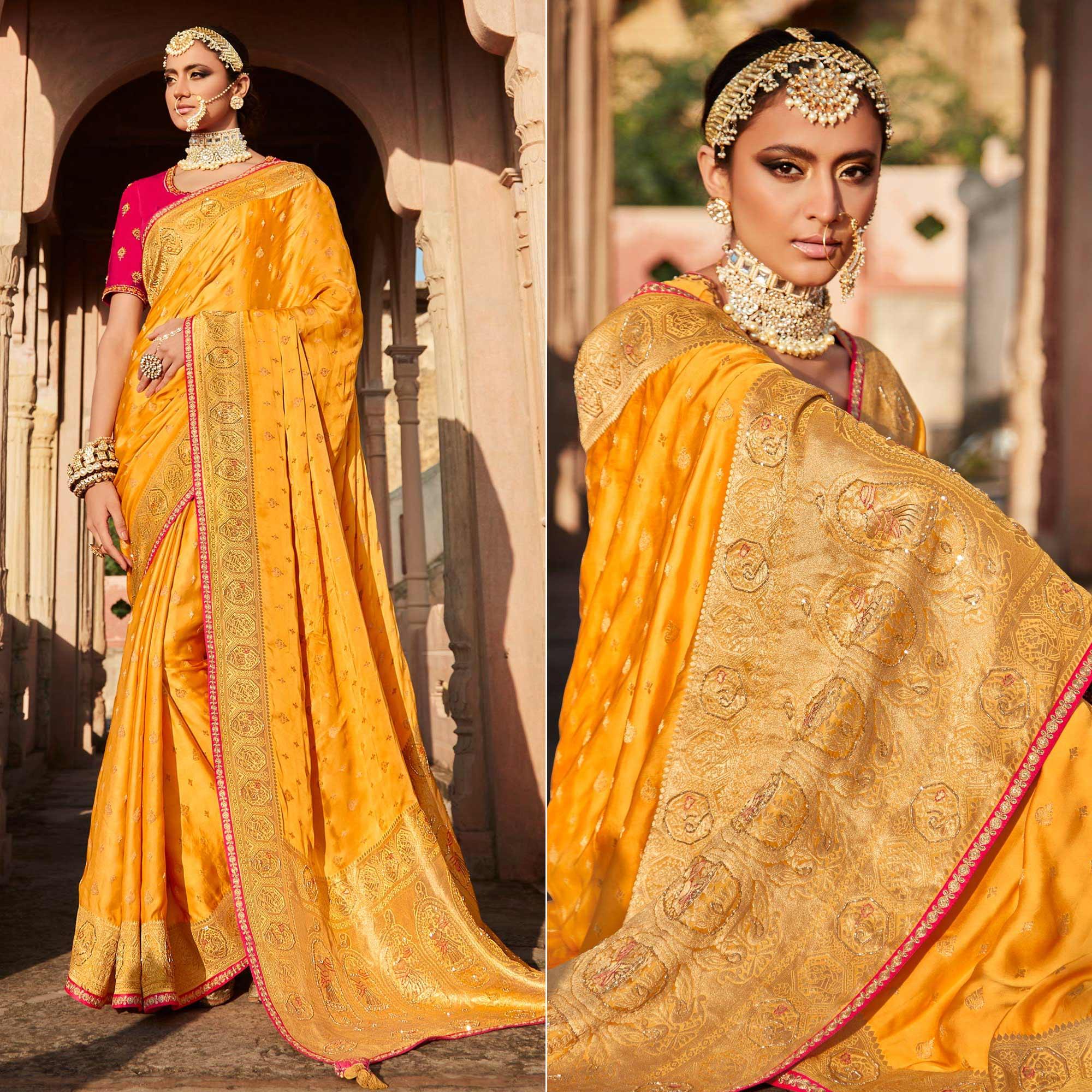 Orange Festive Wear Woven Silk Saree - Peachmode