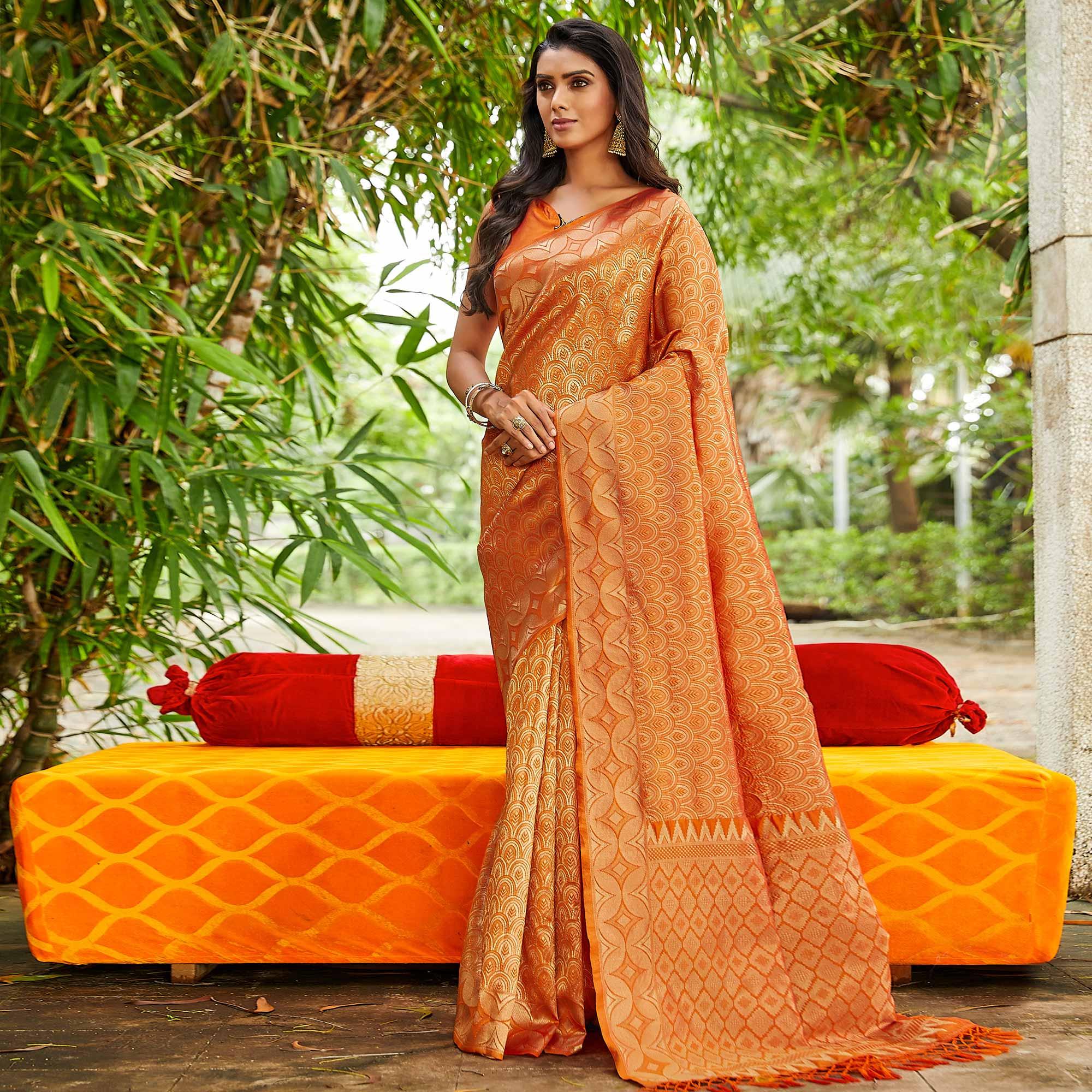 Orange Festive Wear Woven Silk Saree - Peachmode