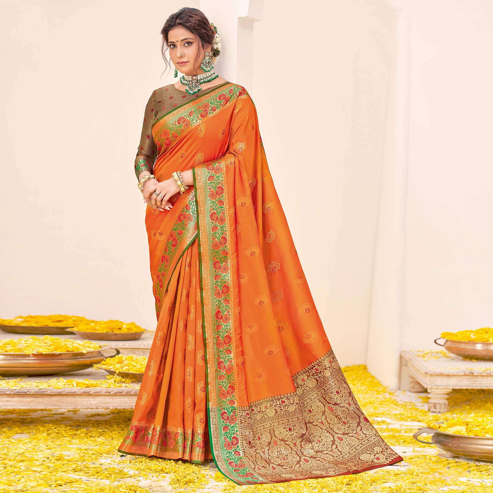Orange Festive Wear Woven Silk Saree - Peachmode