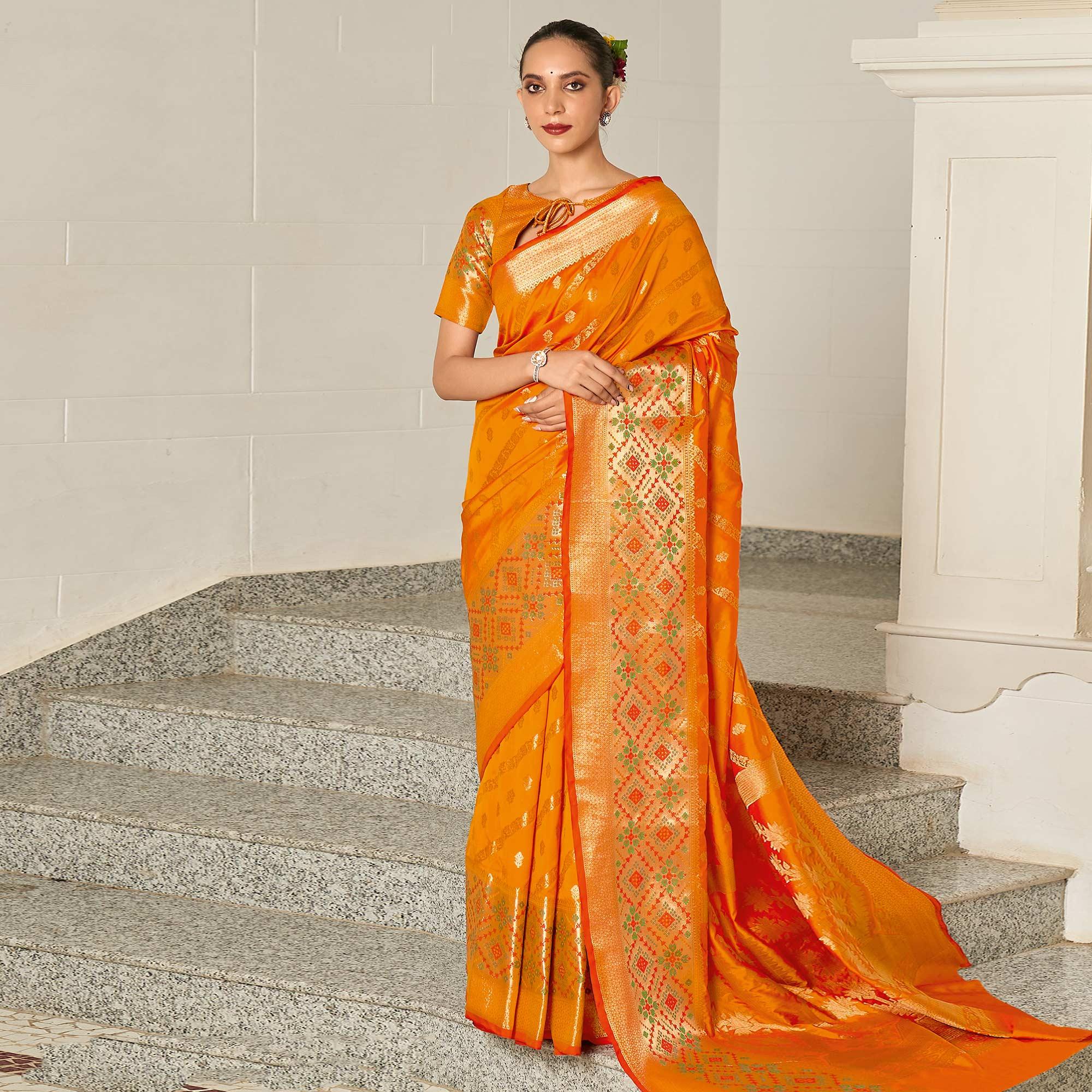 Orange Festive Wear Woven Silk Saree - Peachmode