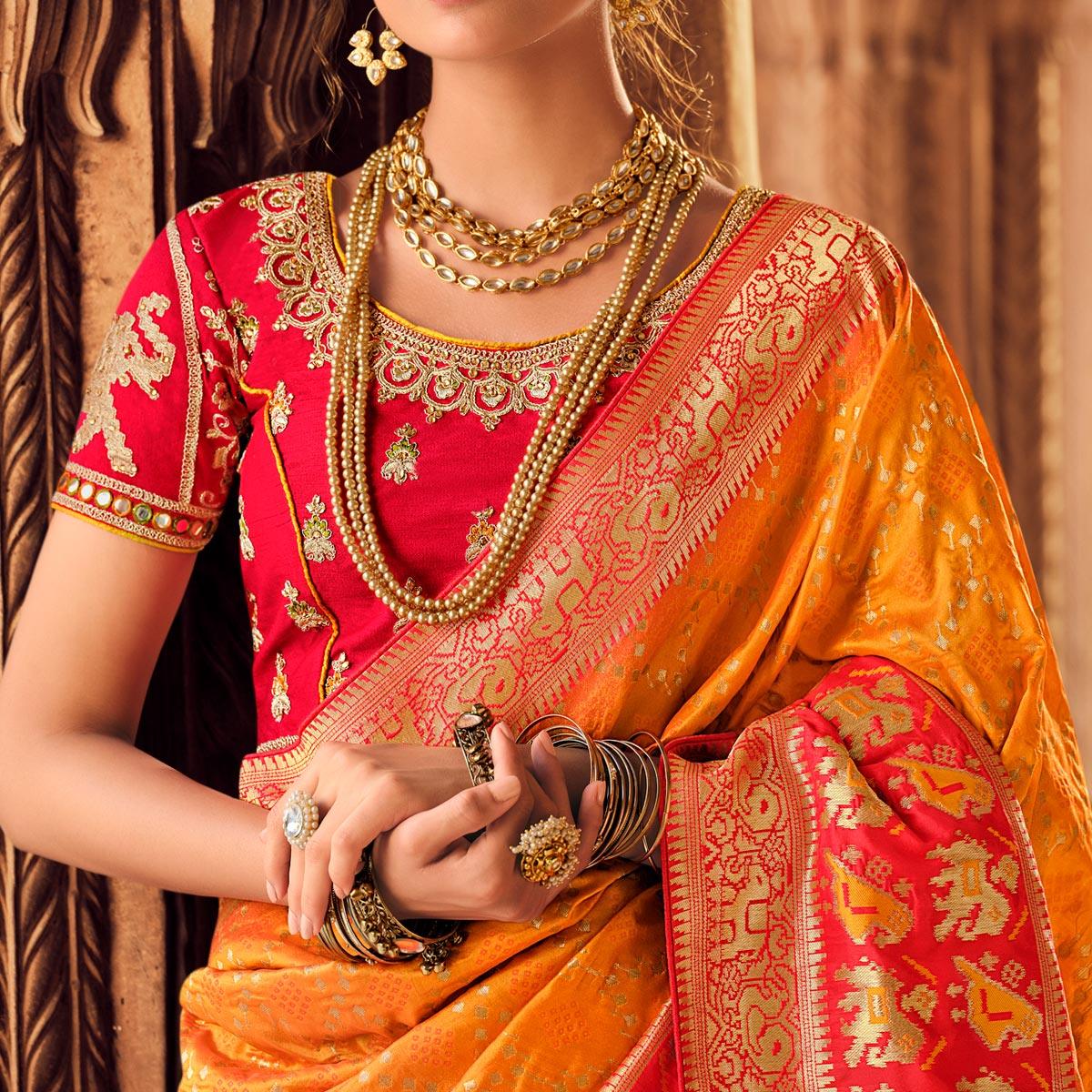 Orange Festive Wear Woven Silk Saree - Peachmode