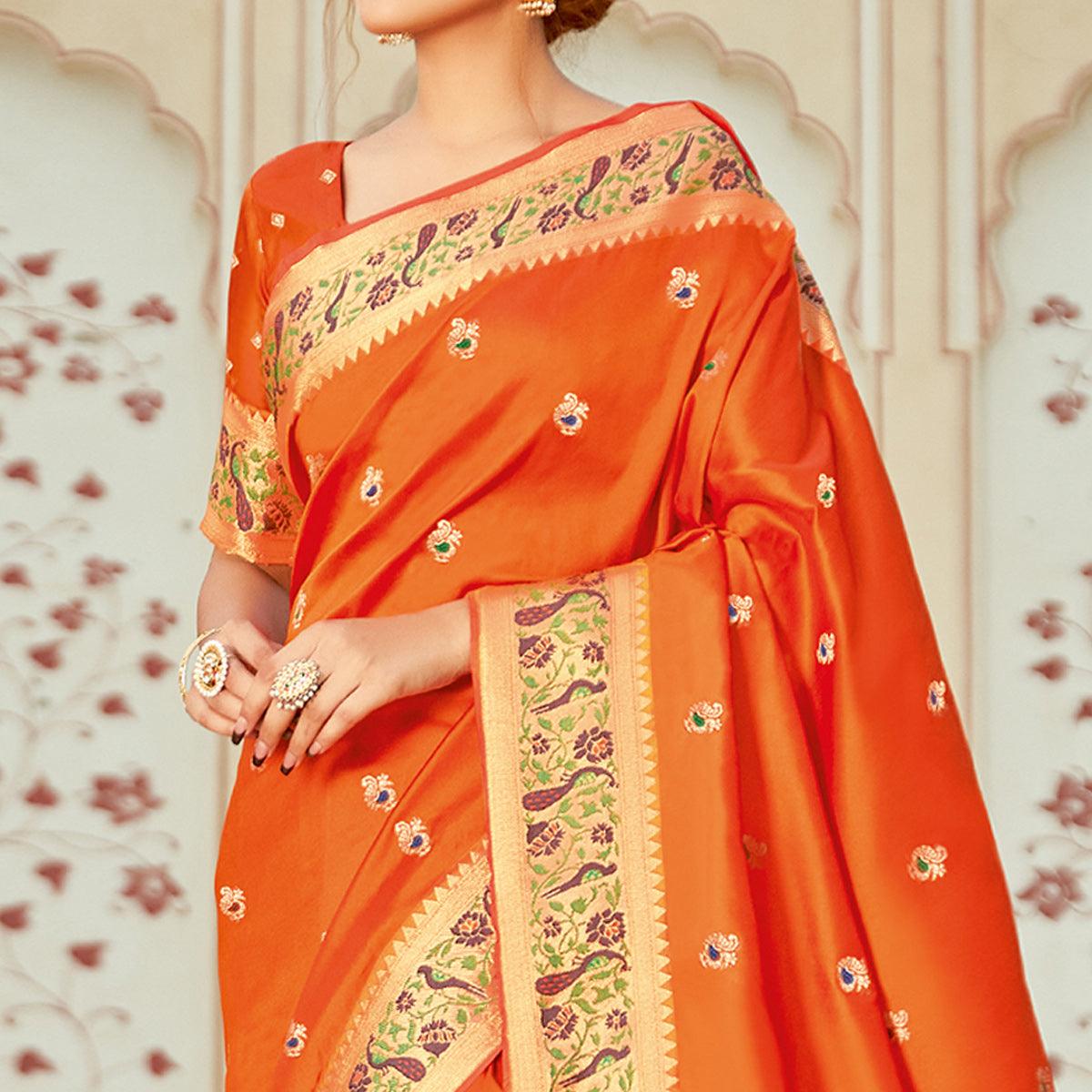 Orange Festive Wear Woven Silk Saree - Peachmode
