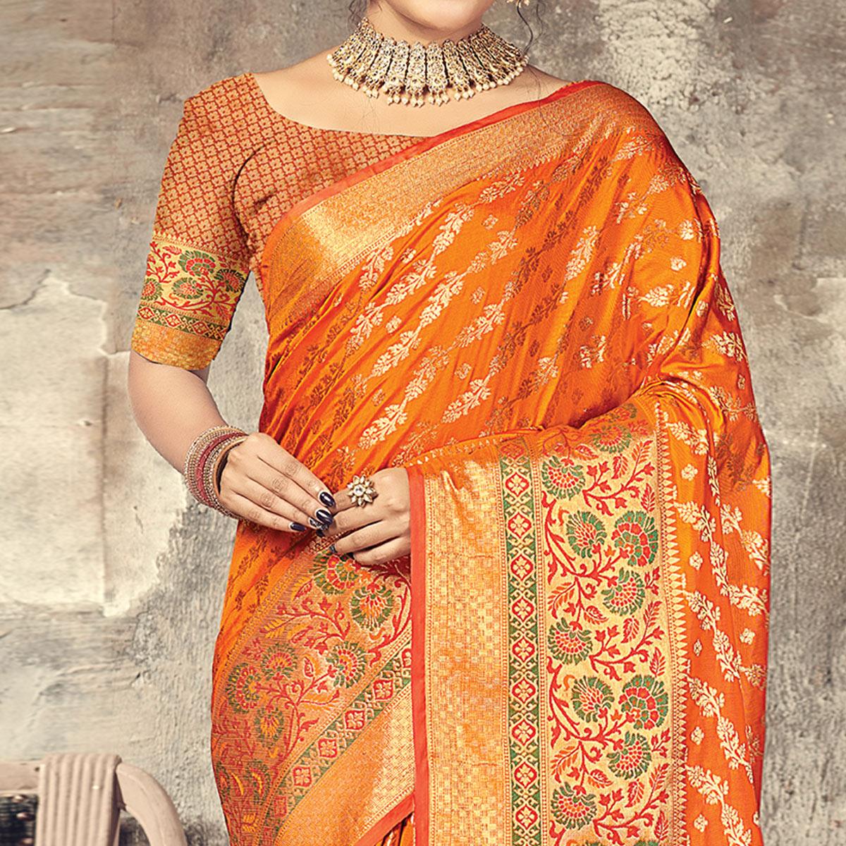 Orange Festive Wear Woven Silk Saree - Peachmode