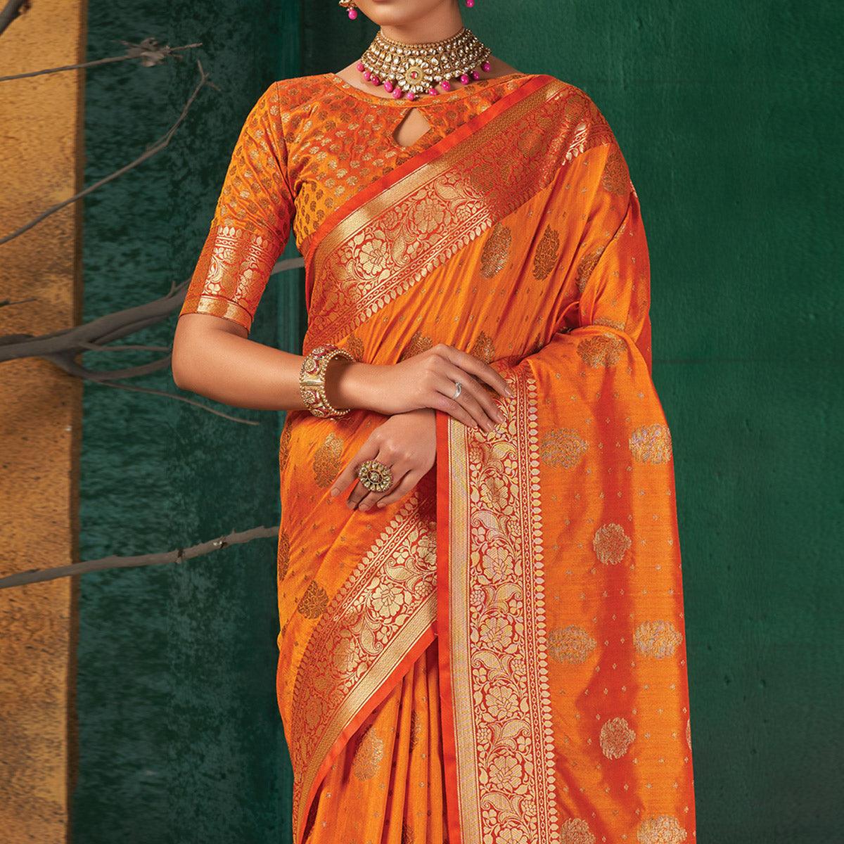 Orange Festive Wear Woven Silk Saree - Peachmode