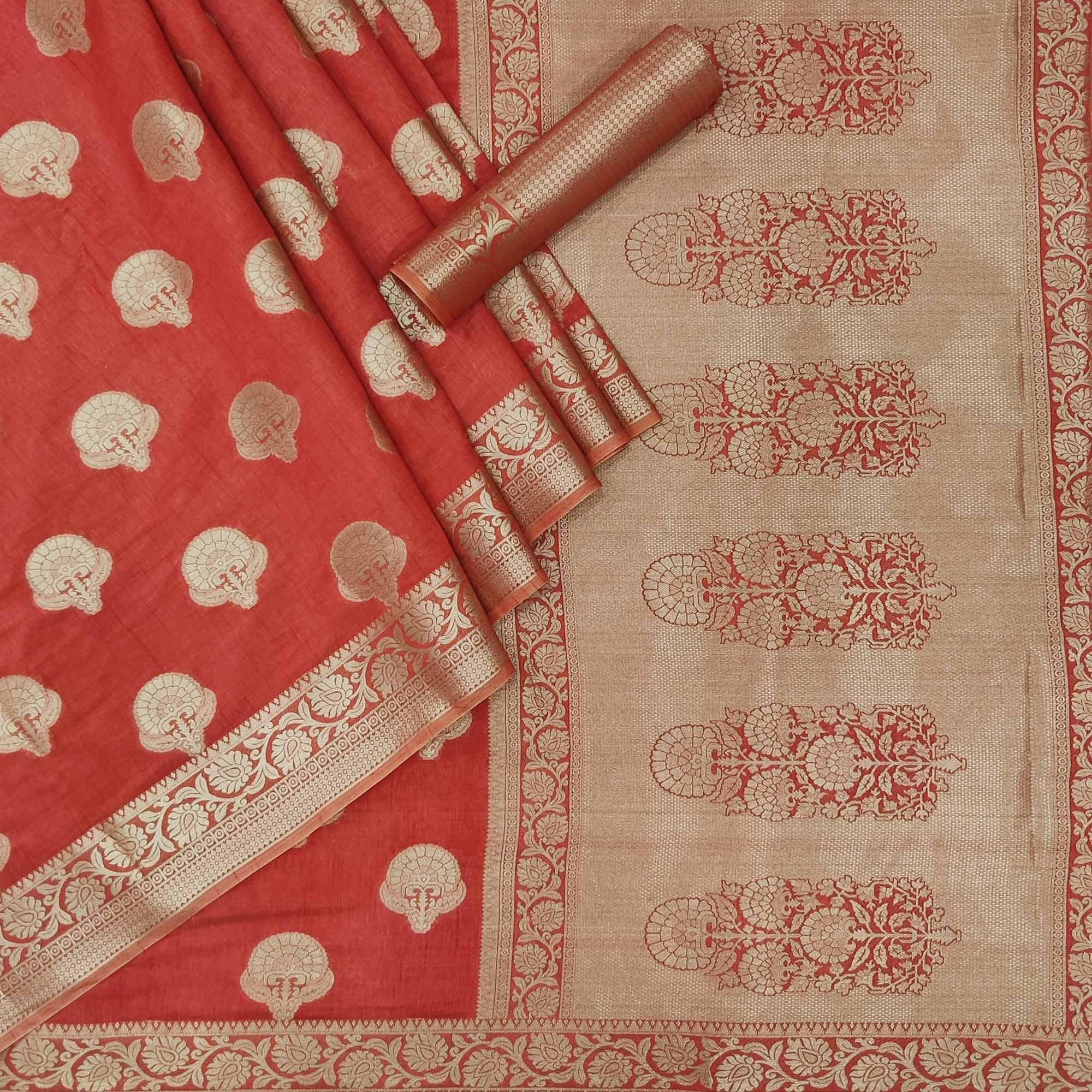 Orange Festive Wear Woven Silk Saree - Peachmode