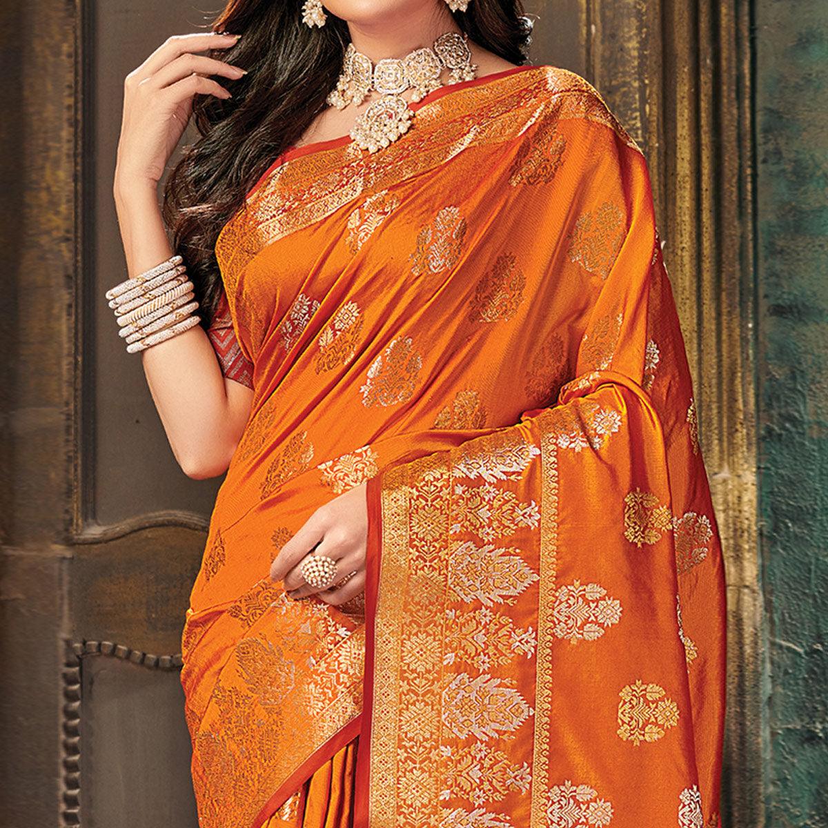 Orange Festive Wear Woven Silk Saree - Peachmode
