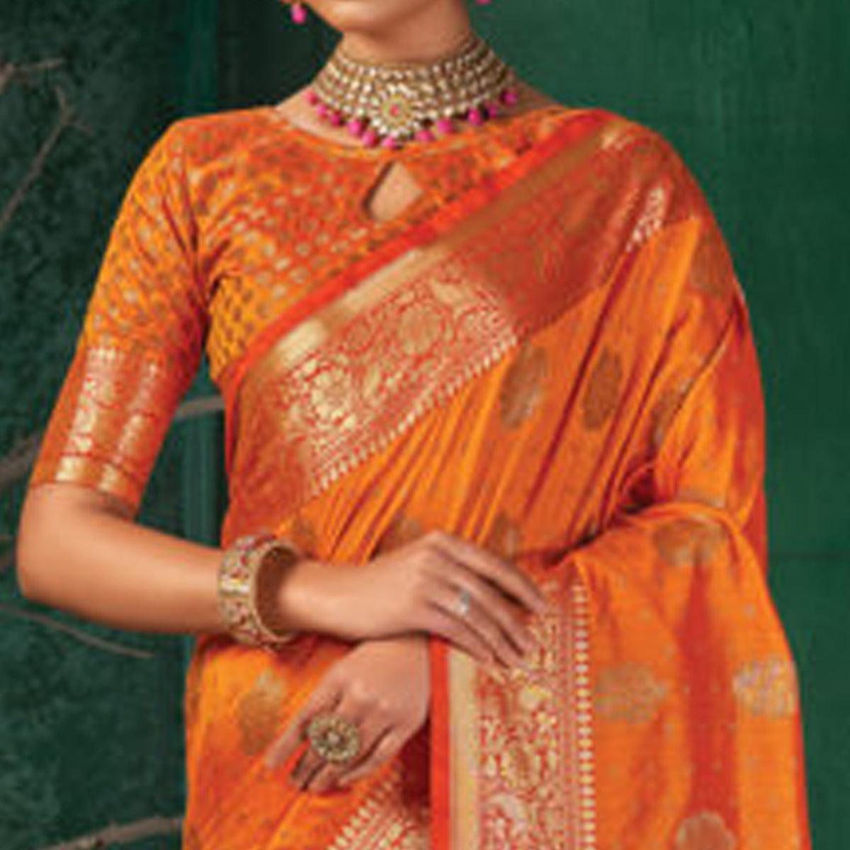Orange Festive Wear Woven Silk Saree - Peachmode